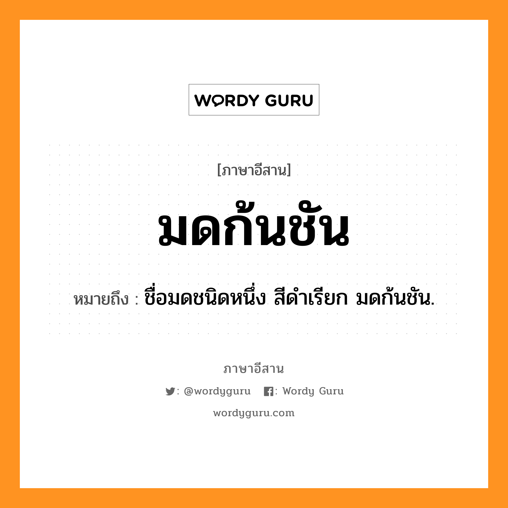 มดก้นชัน หมายถึงอะไร, ภาษาอีสาน มดก้นชัน หมายถึง ชื่อมดชนิดหนึ่ง สีดำเรียก มดก้นชัน. หมวด มด - ก้น - ชัน