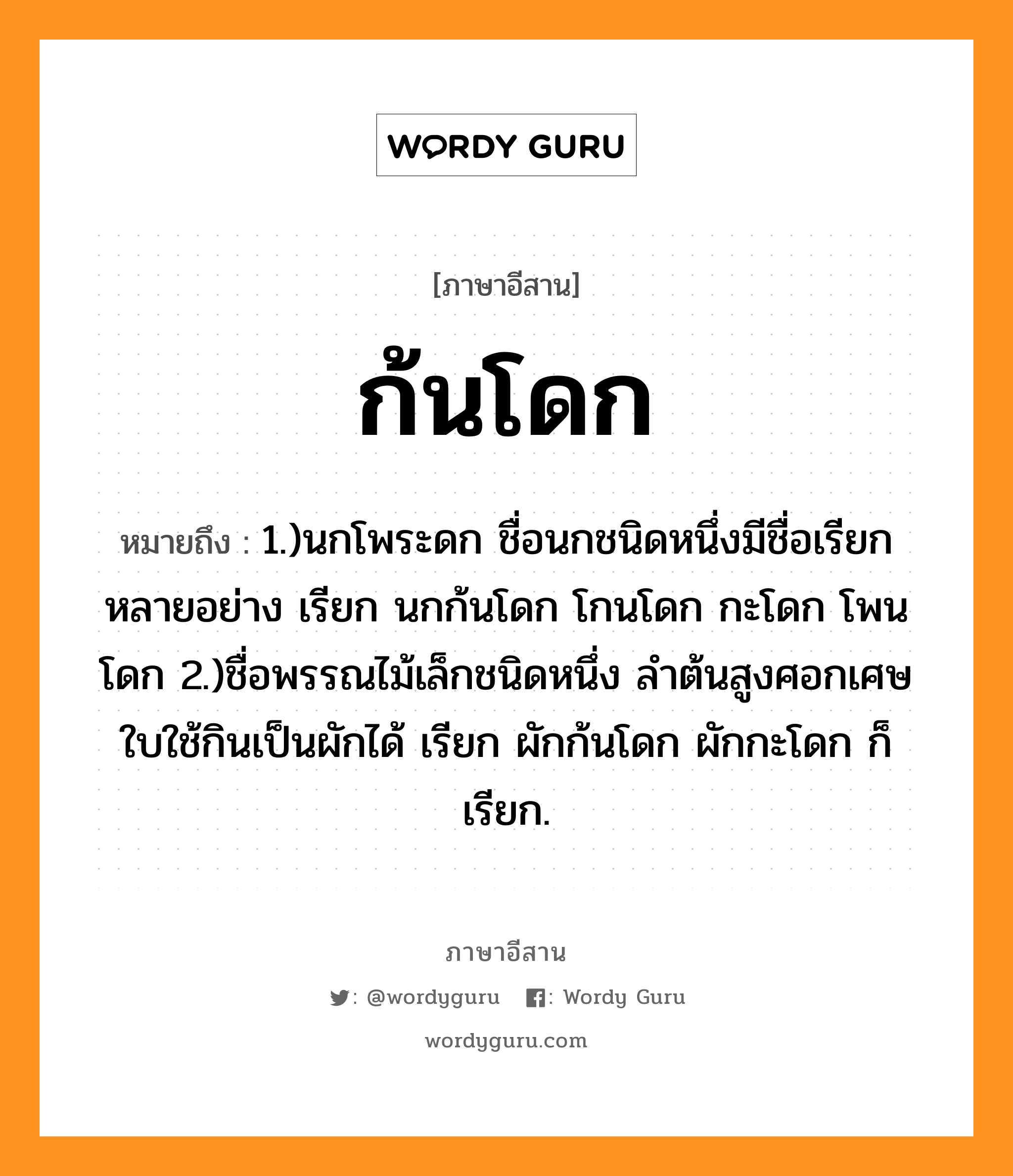 ก้นโดก หมายถึงอะไร, ภาษาอีสาน ก้นโดก หมายถึง 1.)นกโพระดก ชื่อนกชนิดหนึ่งมีชื่อเรียกหลายอย่าง เรียก นกก้นโดก โกนโดก กะโดก โพนโดก 2.)ชื่อพรรณไม้เล็กชนิดหนึ่ง ลำต้นสูงศอกเศษ ใบใช้กินเป็นผักได้ เรียก ผักก้นโดก ผักกะโดก ก็เรียก. หมวด ก้นโดก