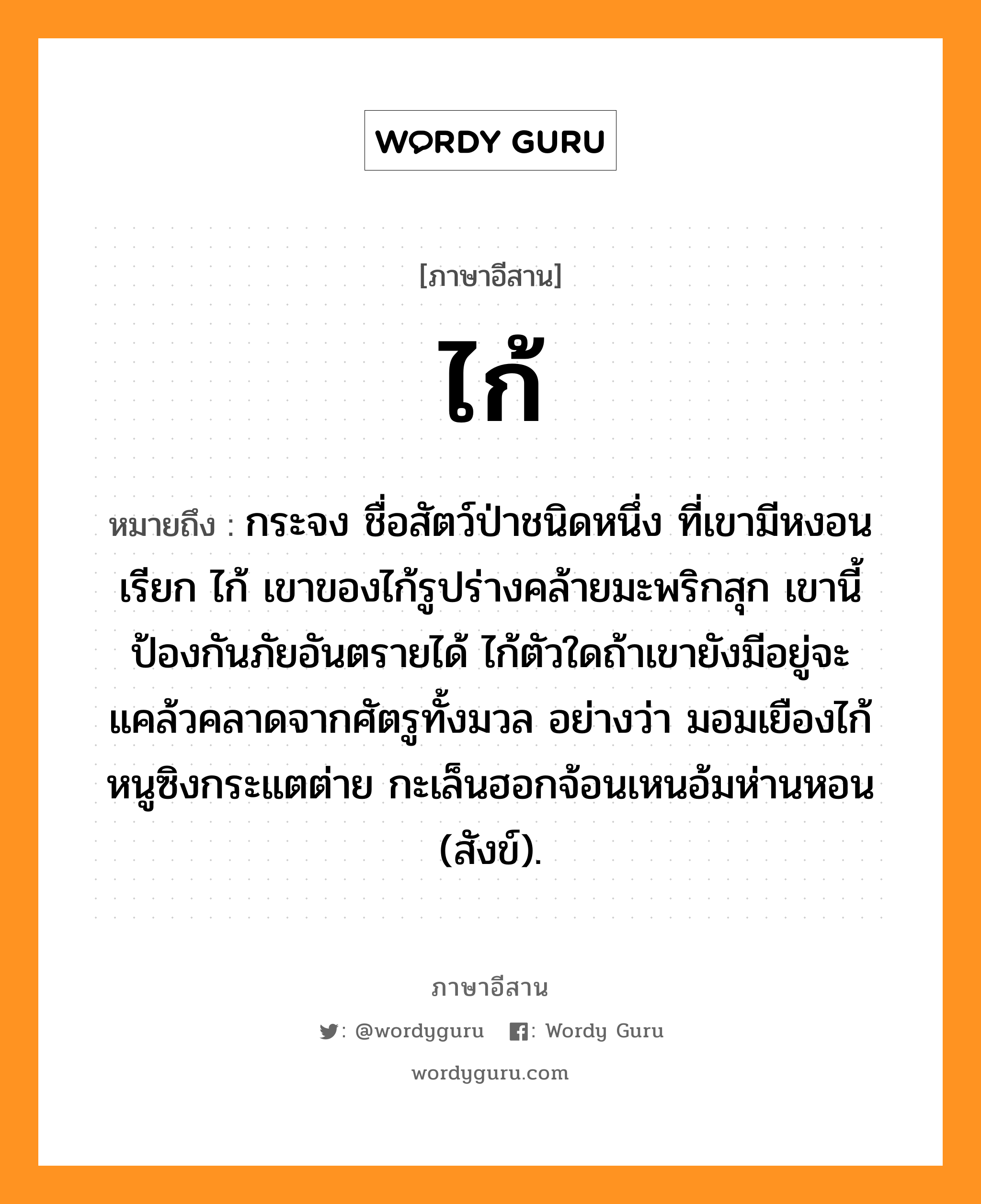 ไก้ หมายถึงอะไร, ภาษาอีสาน ไก้ หมายถึง กระจง ชื่อสัตว์ป่าชนิดหนึ่ง ที่เขามีหงอน เรียก ไก้ เขาของไก้รูปร่างคล้ายมะพริกสุก เขานี้ป้องกันภัยอันตรายได้ ไก้ตัวใดถ้าเขายังมีอยู่จะแคล้วคลาดจากศัตรูทั้งมวล อย่างว่า มอมเยืองไก้หนูซิงกระแตต่าย กะเล็นฮอกจ้อนเหนอ้มห่านหอน (สังข์). หมวด ไก้