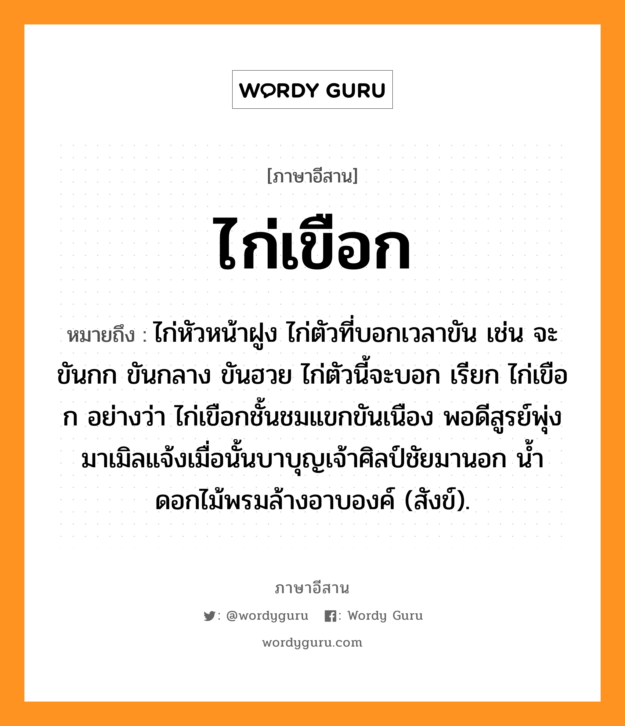 ไก่เขือก หมายถึงอะไร, ภาษาอีสาน ไก่เขือก หมายถึง ไก่หัวหน้าฝูง ไก่ตัวที่บอกเวลาขัน เช่น จะขันกก ขันกลาง ขันฮวย ไก่ตัวนี้จะบอก เรียก ไก่เขือก อย่างว่า ไก่เขือกชั้นชมแขกขันเนือง พอดีสูรย์พุ่งมาเมิลแจ้งเมื่อนั้นบาบุญเจ้าศิลป์ชัยมานอก น้ำดอกไม้พรมล้างอาบองค์ (สังข์). หมวด ไก่ - เขือก