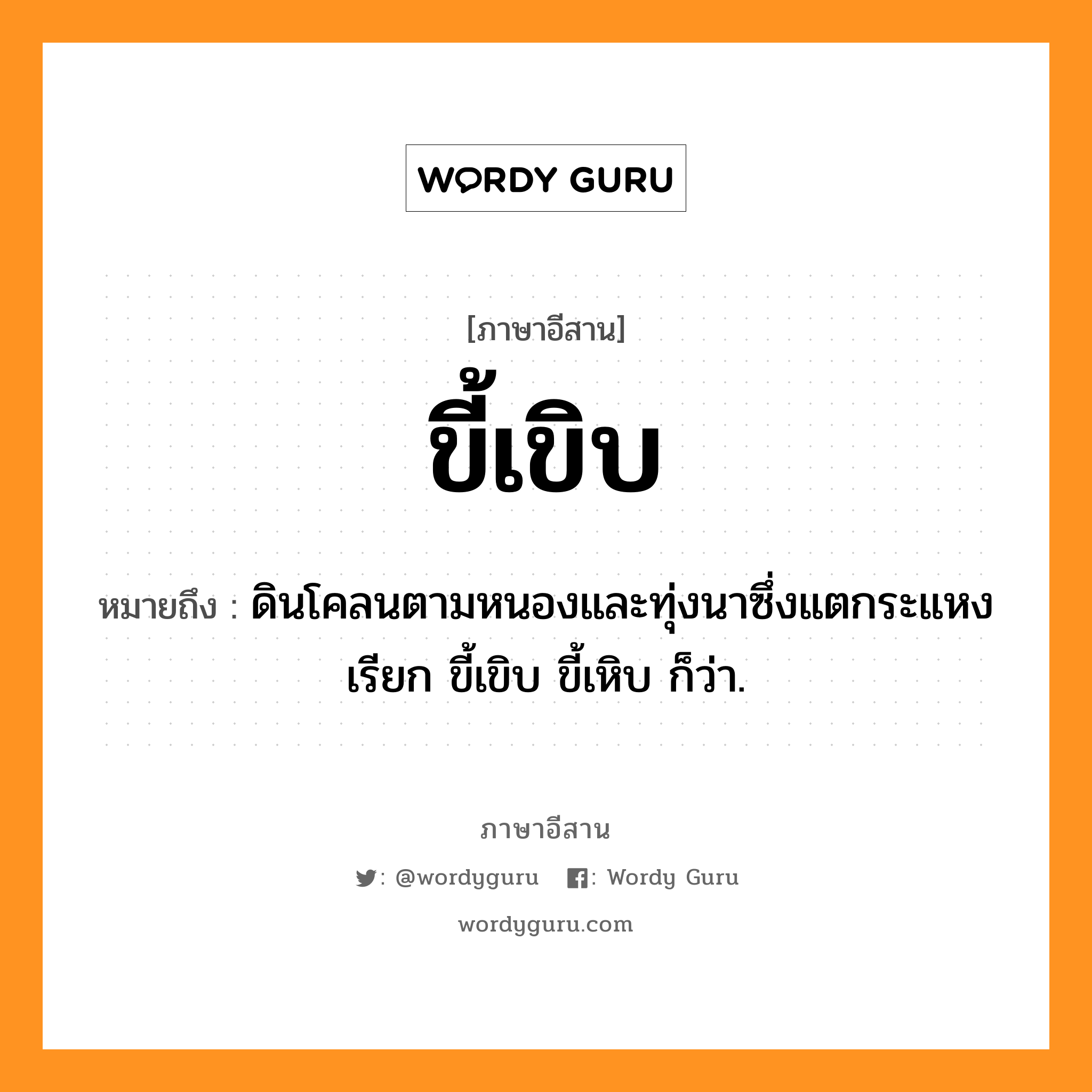 ขี้เขิบ หมายถึงอะไร, ภาษาอีสาน ขี้เขิบ หมายถึง ดินโคลนตามหนองและทุ่งนาซึ่งแตกระแหง เรียก ขี้เขิบ ขี้เหิบ ก็ว่า. หมวด ขี้ - เขิบ