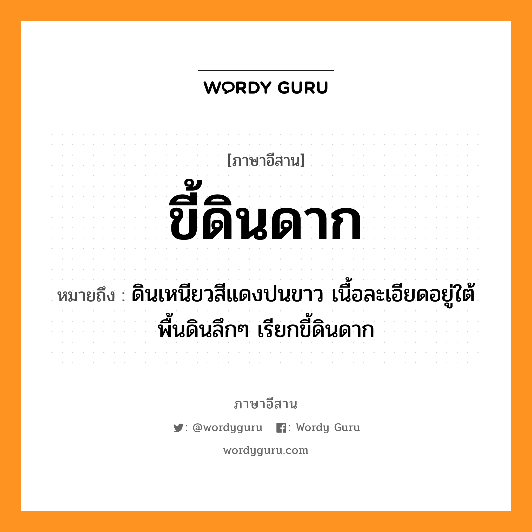 ขี้ดินดาก หมายถึงอะไร, ภาษาอีสาน ขี้ดินดาก หมายถึง ดินเหนียวสีแดงปนขาว เนื้อละเอียดอยู่ใต้พื้นดินลึกๆ เรียกขี้ดินดาก หมวด ขี้ - ดิน - ดาก