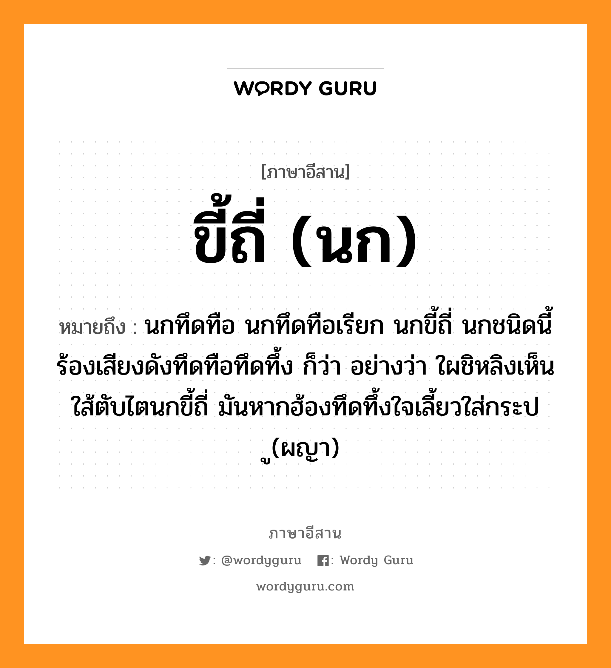 ขี้ถี่ (นก) หมายถึงอะไร, ภาษาอีสาน ขี้ถี่ (นก) หมายถึง นกทึดทือ นกทึดทือเรียก นกขี้ถี่ นกชนิดนี้ร้องเสียงดังทึดทือทึดทึ้ง ก็ว่า อย่างว่า ใผชิหลิงเห็นใส้ตับไตนกขี้ถี่ มันหากฮ้องทึดทึ้งใจเลี้ยวใส่กระปู (ผญา) หมวด ขี้ - ถี่