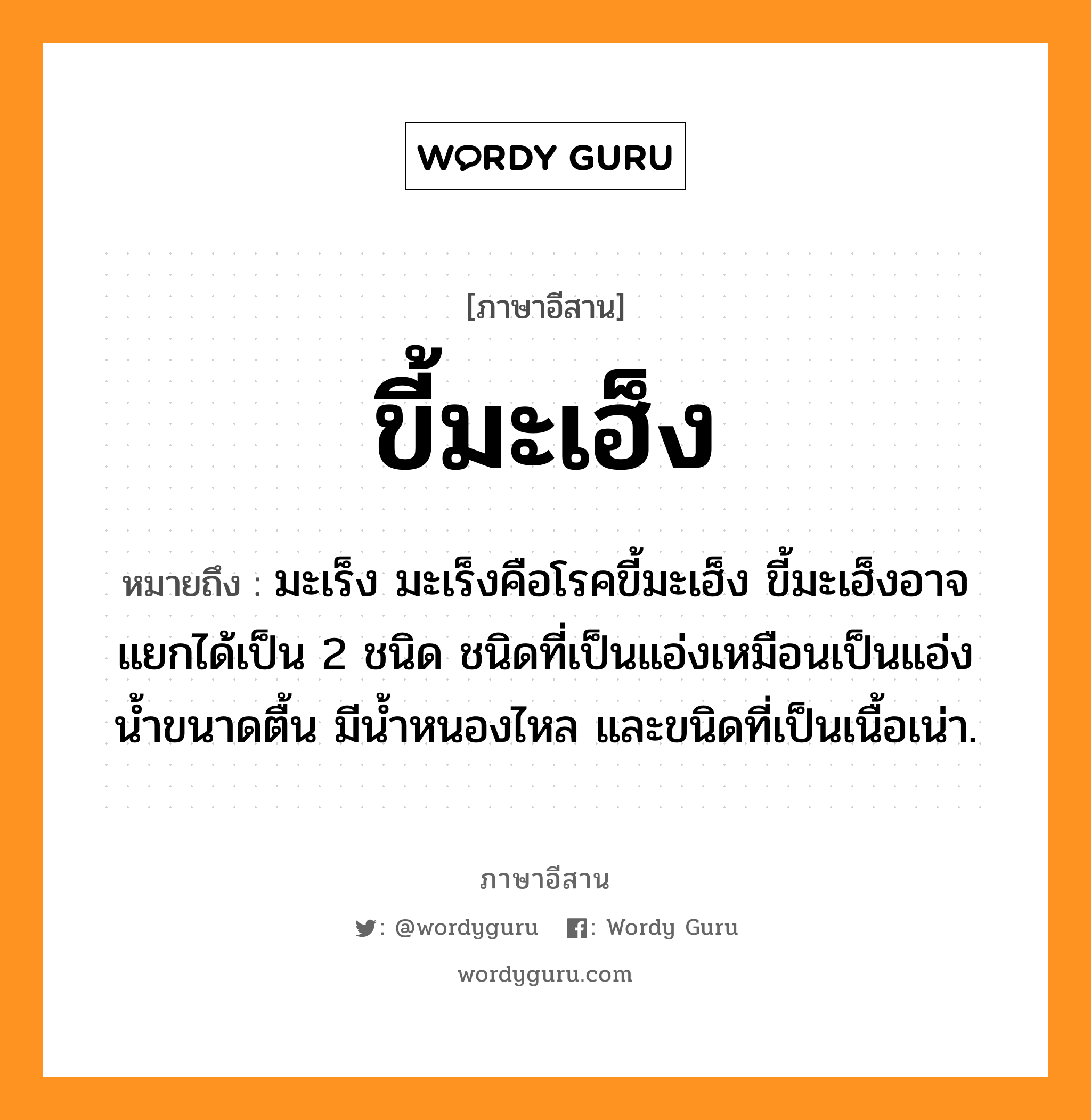 ขี้มะเฮ็ง หมายถึงอะไร, ภาษาอีสาน ขี้มะเฮ็ง หมายถึง มะเร็ง มะเร็งคือโรคขี้มะเฮ็ง ขี้มะเฮ็งอาจแยกได้เป็น 2 ชนิด ชนิดที่เป็นแอ่งเหมือนเป็นแอ่งน้ำขนาดตื้น มีน้ำหนองไหล และขนิดที่เป็นเนื้อเน่า. หมวด ขี้ - มะ - เฮ็ง