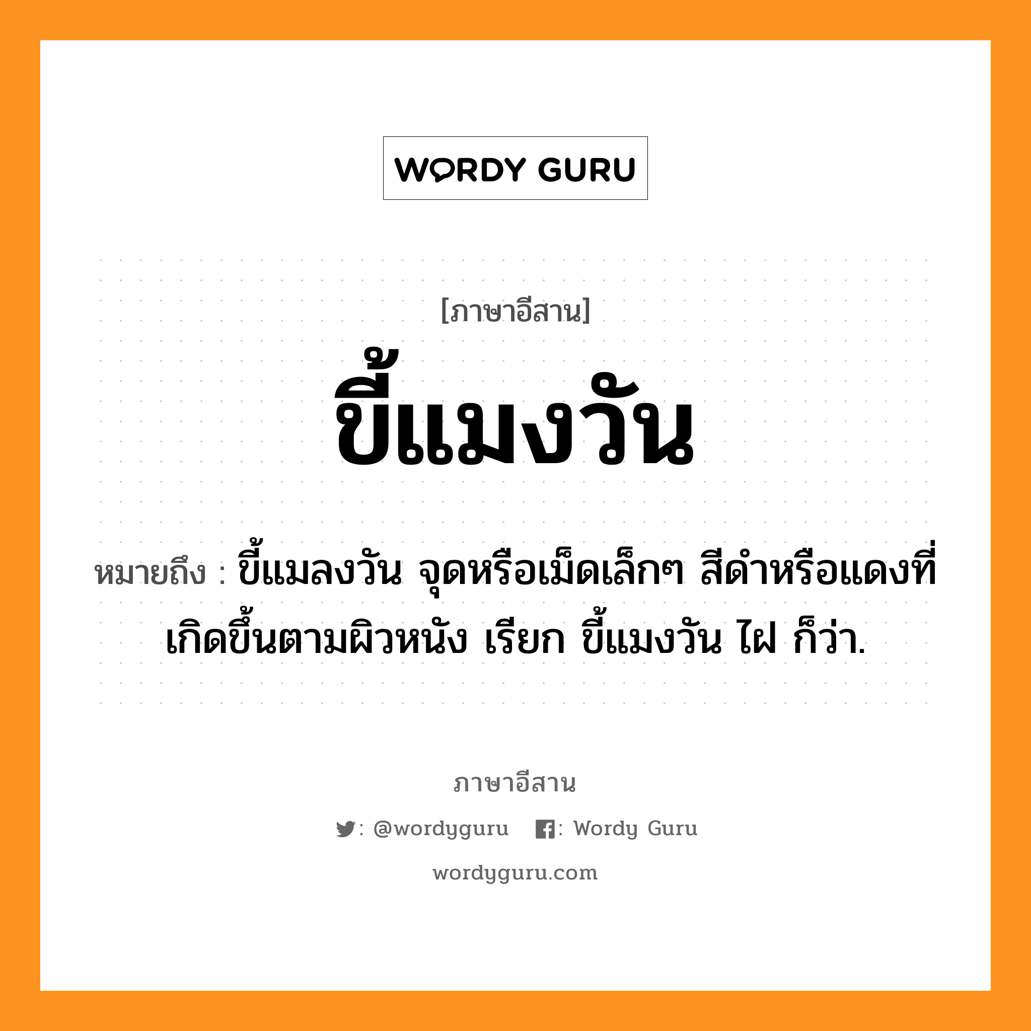 ขี้แมงวัน หมายถึงอะไร, ภาษาอีสาน ขี้แมงวัน หมายถึง ขี้แมลงวัน จุดหรือเม็ดเล็กๆ สีดำหรือแดงที่เกิดขึ้นตามผิวหนัง เรียก ขี้แมงวัน ไฝ ก็ว่า. หมวด ขี้ - แมง - วัน