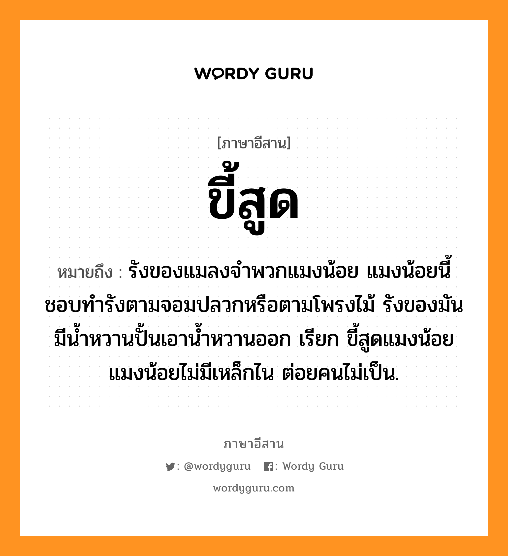 ขี้สูด หมายถึงอะไร, ภาษาอีสาน ขี้สูด หมายถึง รังของแมลงจำพวกแมงน้อย แมงน้อยนี้ชอบทำรังตามจอมปลวกหรือตามโพรงไม้ รังของมันมีน้ำหวานปั้นเอาน้ำหวานออก เรียก ขี้สูดแมงน้อย แมงน้อยไม่มีเหล็กไน ต่อยคนไม่เป็น. หมวด ขี้ - สูด