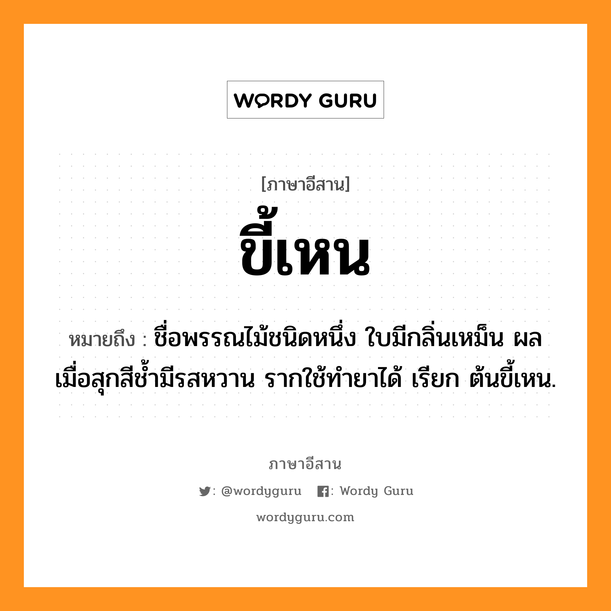 ขี้เหน หมายถึงอะไร, ภาษาอีสาน ขี้เหน หมายถึง ชื่อพรรณไม้ชนิดหนึ่ง ใบมีกลิ่นเหม็น ผลเมื่อสุกสีช้ำมีรสหวาน รากใช้ทำยาได้ เรียก ต้นขี้เหน. หมวด ขี้ - เหน