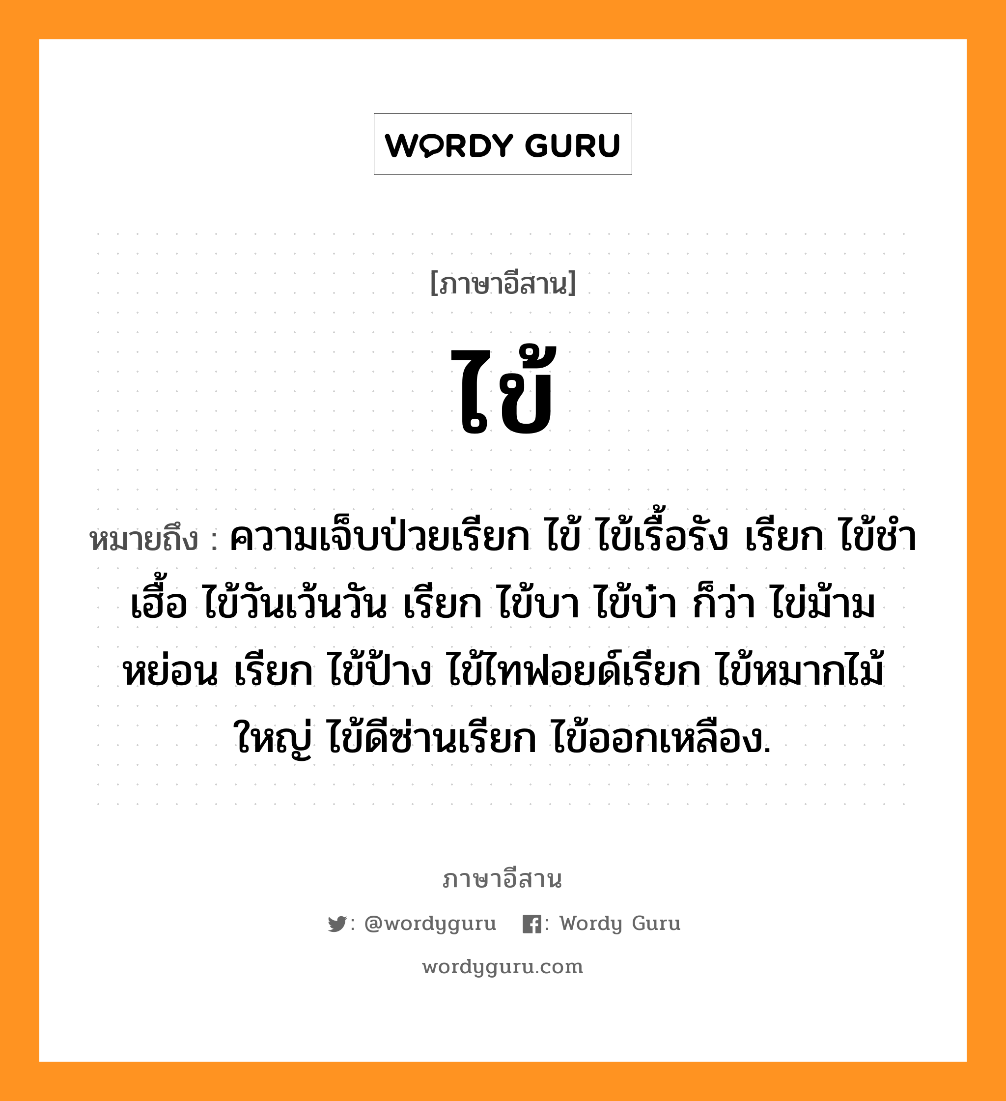 ไข้ หมายถึงอะไร, ภาษาอีสาน ไข้ หมายถึง ความเจ็บป่วยเรียก ไข้ ไข้เรื้อรัง เรียก ไข้ชำเฮื้อ ไข้วันเว้นวัน เรียก ไข้บา ไข้บ๋า ก็ว่า ไข่ม้ามหย่อน เรียก ไข้ป้าง ไข้ไทฟอยด์เรียก ไข้หมากไม้ใหญ่ ไข้ดีซ่านเรียก ไข้ออกเหลือง. หมวด ไข้