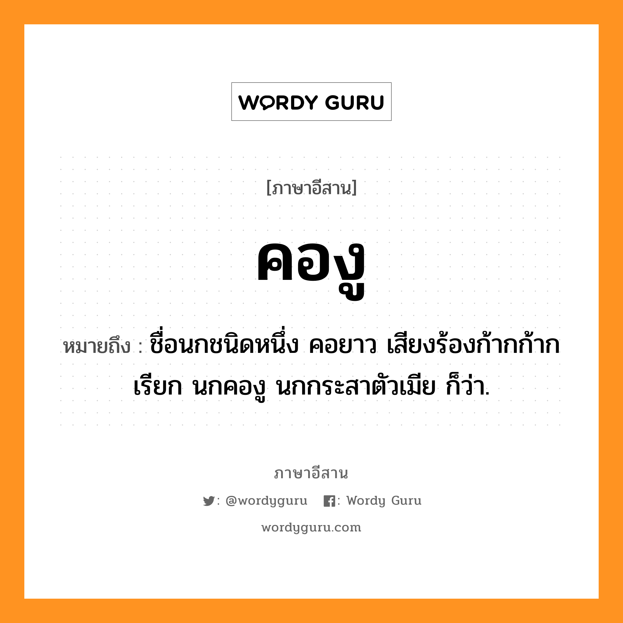 คองู หมายถึงอะไร, ภาษาอีสาน คองู หมายถึง ชื่อนกชนิดหนึ่ง คอยาว เสียงร้องก้ากก้าก เรียก นกคองู นกกระสาตัวเมีย ก็ว่า. หมวด คอ - งู