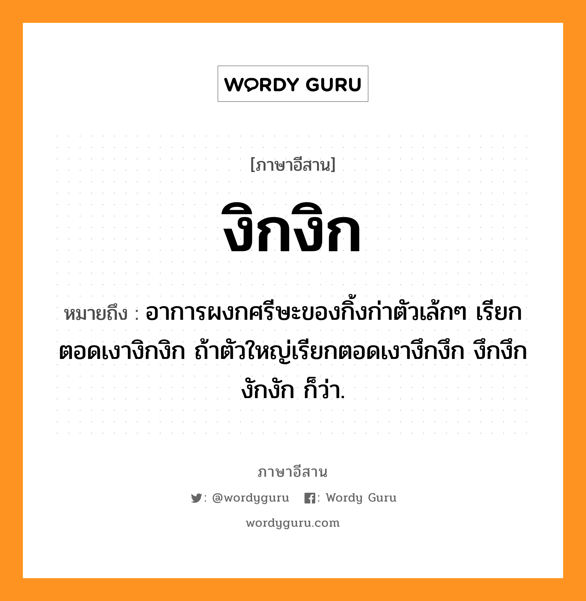 งิกงิก หมายถึงอะไร, ภาษาอีสาน งิกงิก หมายถึง อาการผงกศรีษะของกิ้งก่าตัวเล้กๆ เรียก ตอดเงางิกงิก ถ้าตัวใหญ่เรียกตอดเงางึกงึก งึกงึกงักงัก ก็ว่า. หมวด งิก - งิก