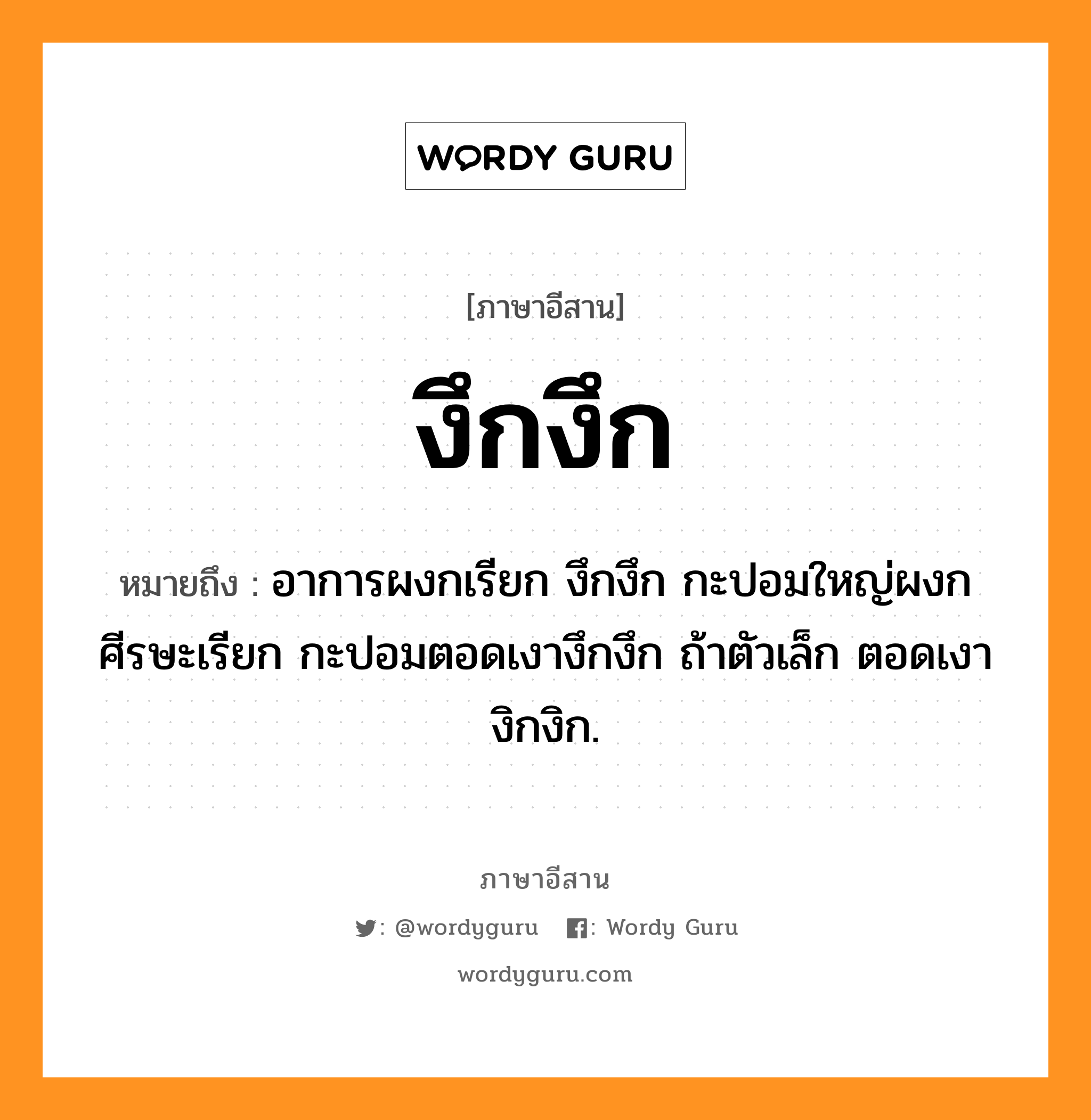 งึกงึก หมายถึงอะไร, ภาษาอีสาน งึกงึก หมายถึง อาการผงกเรียก งึกงึก กะปอมใหญ่ผงกศีรษะเรียก กะปอมตอดเงางึกงึก ถ้าตัวเล็ก ตอดเงางิกงิก. หมวด งึก - งึก