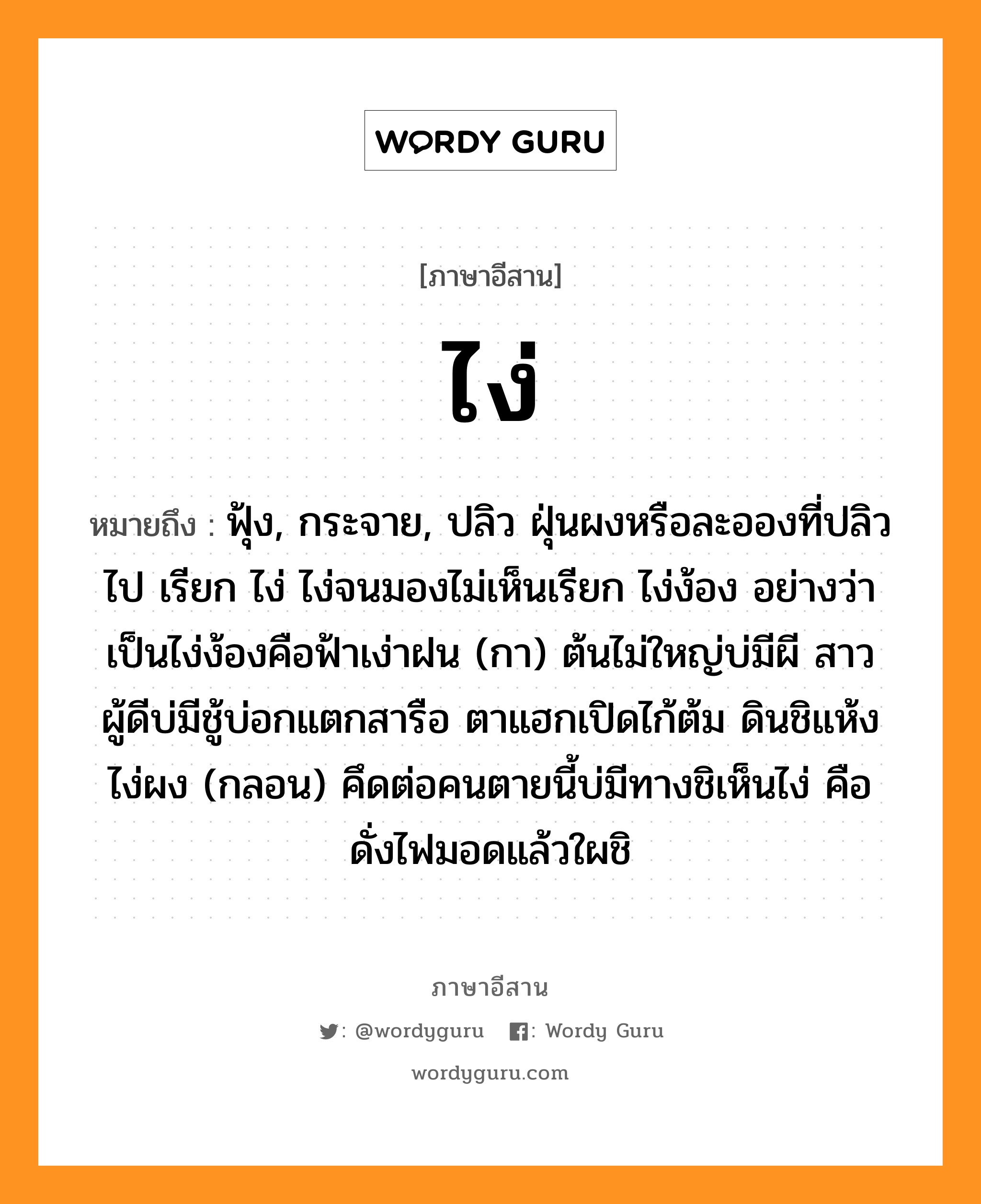 ไง่ หมายถึงอะไร, ภาษาอีสาน ไง่ หมายถึง ฟุ้ง, กระจาย, ปลิว ฝุ่นผงหรือละอองที่ปลิวไป เรียก ไง่ ไง่จนมองไม่เห็นเรียก ไง่ง้อง อย่างว่า เป็นไง่ง้องคือฟ้าเง่าฝน (กา) ต้นไม่ใหญ่บ่มีผี สาวผู้ดีบ่มีชู้บ่อกแตกสารือ ตาแฮกเปิดไก้ต้ม ดินชิแห้งไง่ผง (กลอน) คึดต่อคนตายนี้บ่มีทางชิเห็นไง่ คือดั่งไฟมอดแล้วใผชิ หมวด ไง่