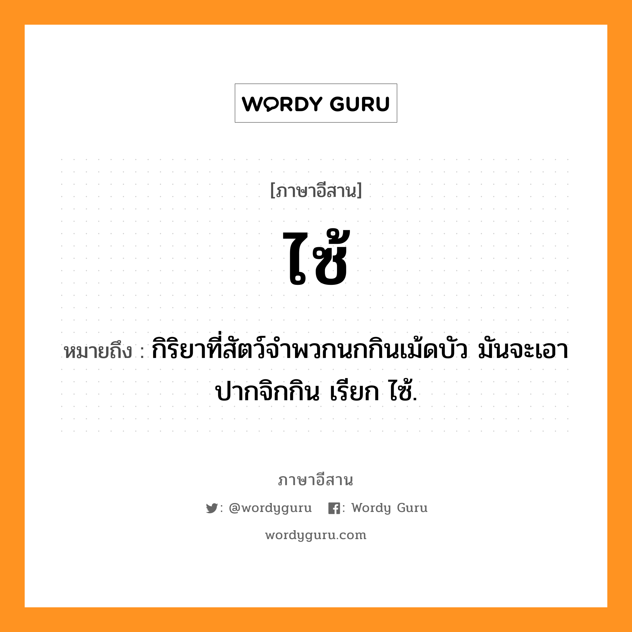 ไซ้ หมายถึงอะไร, ภาษาอีสาน ไซ้ หมายถึง กิริยาที่สัตว์จำพวกนกกินเม้ดบัว มันจะเอาปากจิกกิน เรียก ไซ้. หมวด ไซ้