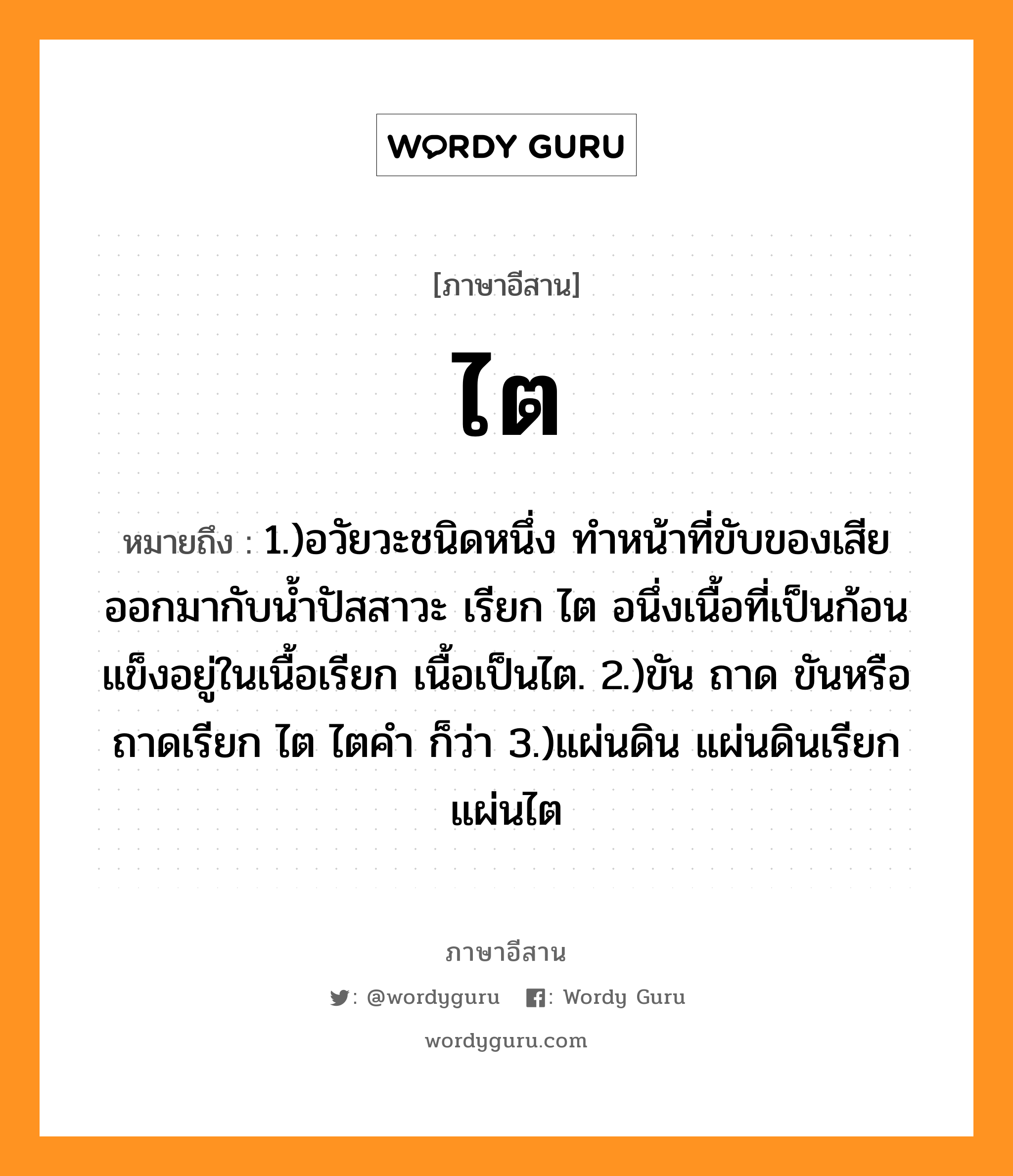 ไต หมายถึงอะไร, ภาษาอีสาน ไต หมายถึง 1.)อวัยวะชนิดหนึ่ง ทำหน้าที่ขับของเสียออกมากับน้ำปัสสาวะ เรียก ไต อนึ่งเนื้อที่เป็นก้อนแข็งอยู่ในเนื้อเรียก เนื้อเป็นไต. 2.)ขัน ถาด ขันหรือถาดเรียก ไต ไตคำ ก็ว่า 3.)แผ่นดิน แผ่นดินเรียก แผ่นไต หมวด ไต