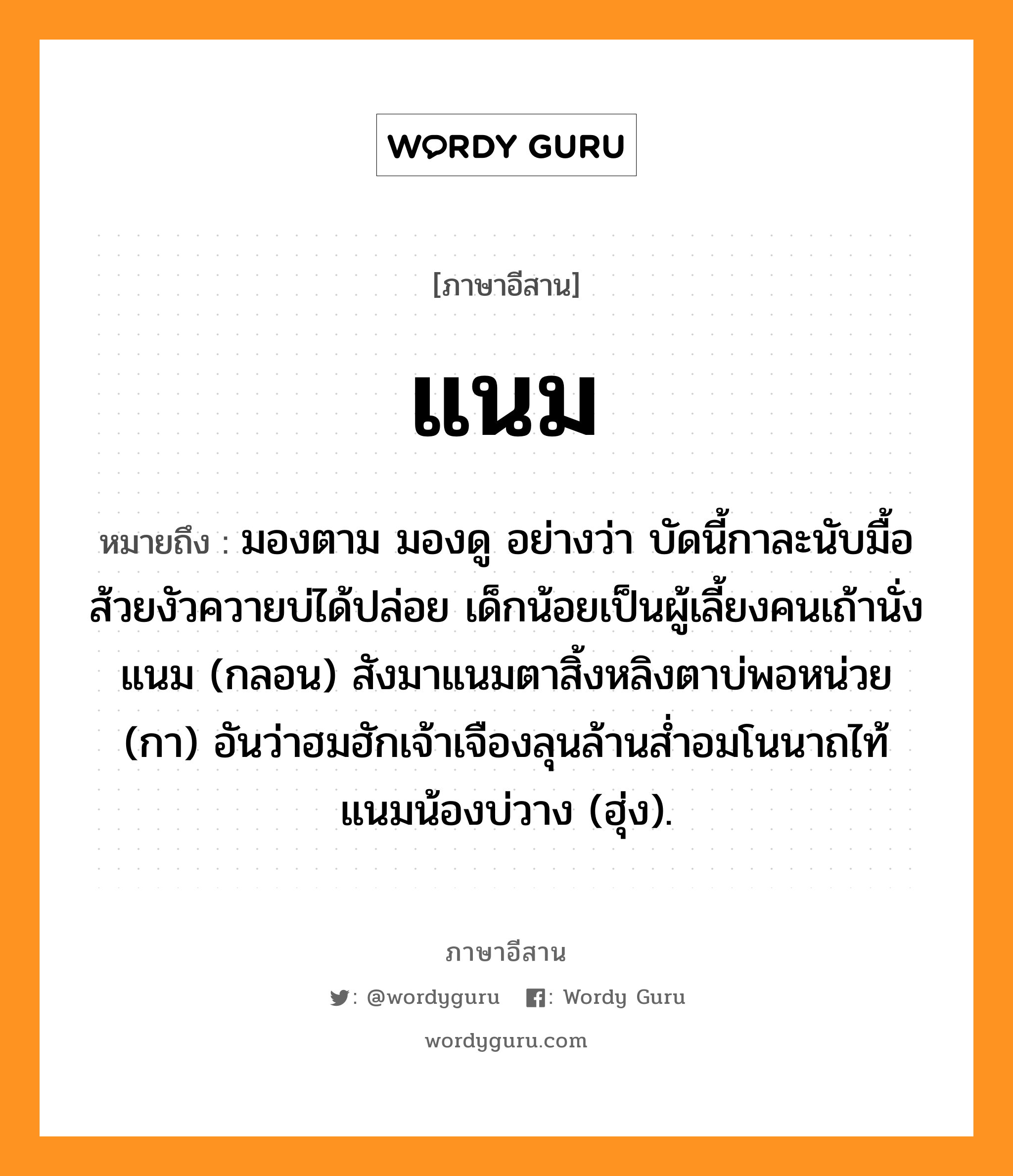 แนม หมายถึงอะไร, ภาษาอีสาน แนม หมายถึง มองตาม มองดู อย่างว่า บัดนี้กาละนับมื้อส้วยงัวควายบ่ได้ปล่อย เด็กน้อยเป็นผู้เลี้ยงคนเถ้านั่งแนม (กลอน) สังมาแนมตาสิ้งหลิงตาบ่พอหน่วย (กา) อันว่าฮมฮักเจ้าเจืองลุนล้านส่ำอมโนนาถไท้แนมน้องบ่วาง (ฮุ่ง). หมวด แนม