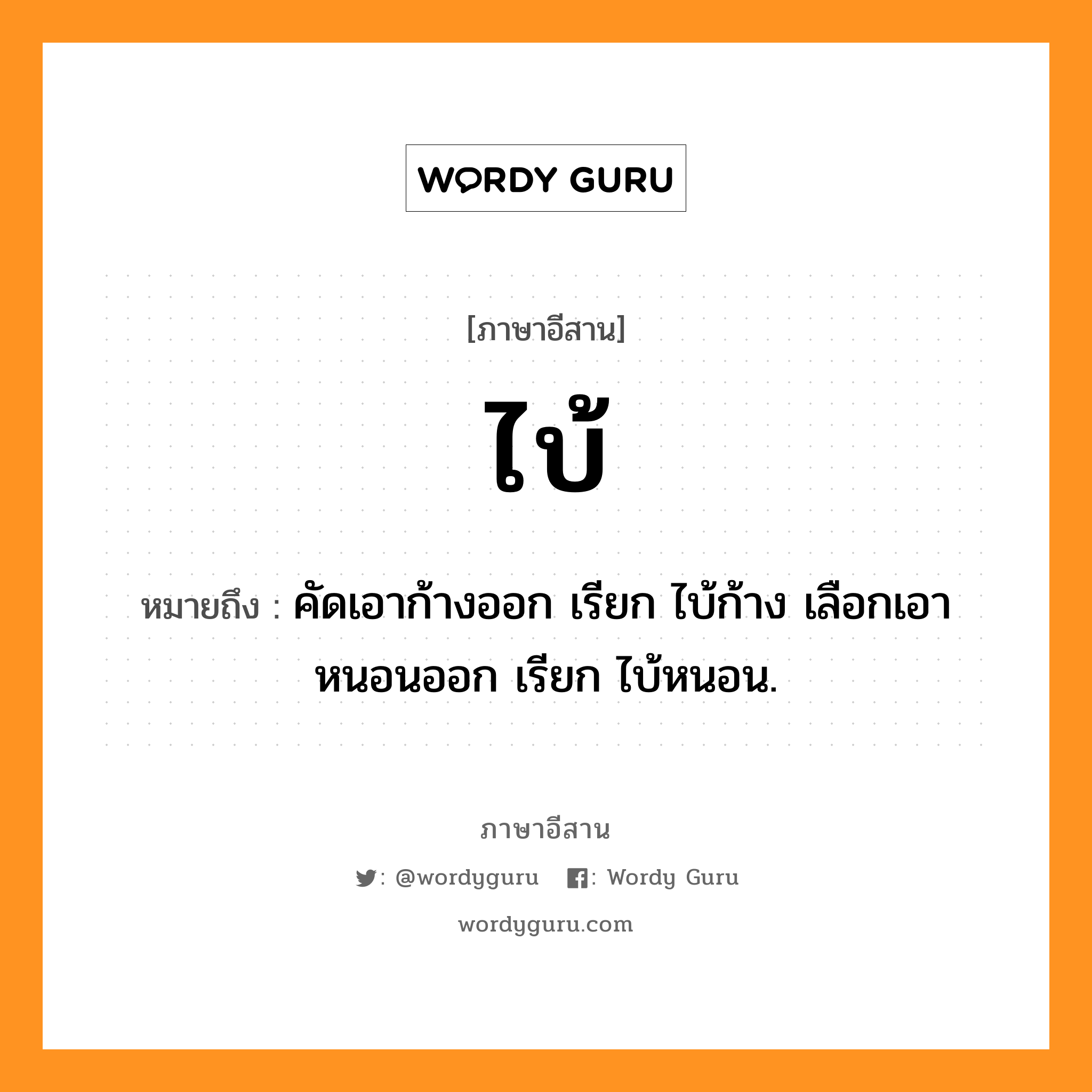 ไบ้ หมายถึงอะไร, ภาษาอีสาน ไบ้ หมายถึง คัดเอาก้างออก เรียก ไบ้ก้าง เลือกเอาหนอนออก เรียก ไบ้หนอน. หมวด ไบ้