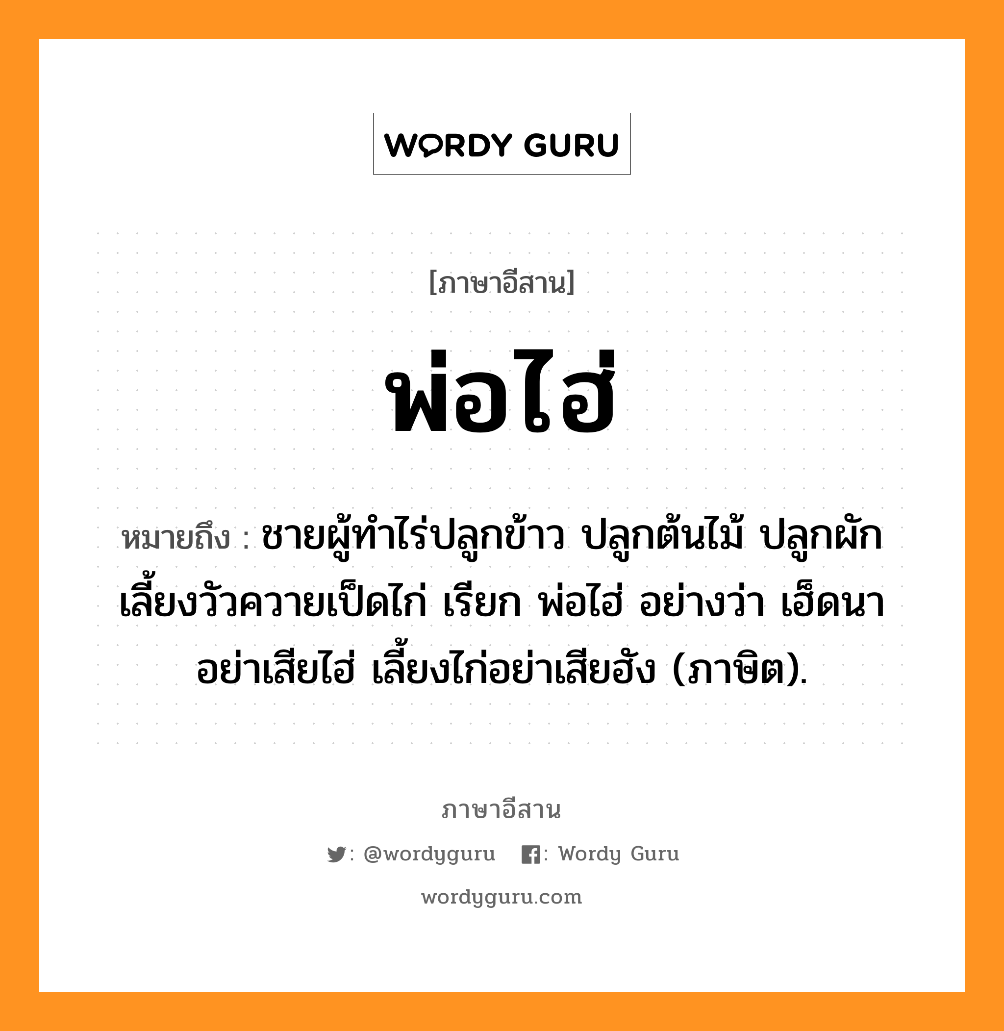 พ่อไฮ่ หมายถึงอะไร, ภาษาอีสาน พ่อไฮ่ หมายถึง ชายผู้ทำไร่ปลูกข้าว ปลูกต้นไม้ ปลูกผัก เลี้ยงวัวควายเป็ดไก่ เรียก พ่อไฮ่ อย่างว่า เฮ็ดนาอย่าเสียไฮ่ เลี้ยงไก่อย่าเสียฮัง (ภาษิต). หมวด พ่อ - ไฮ่