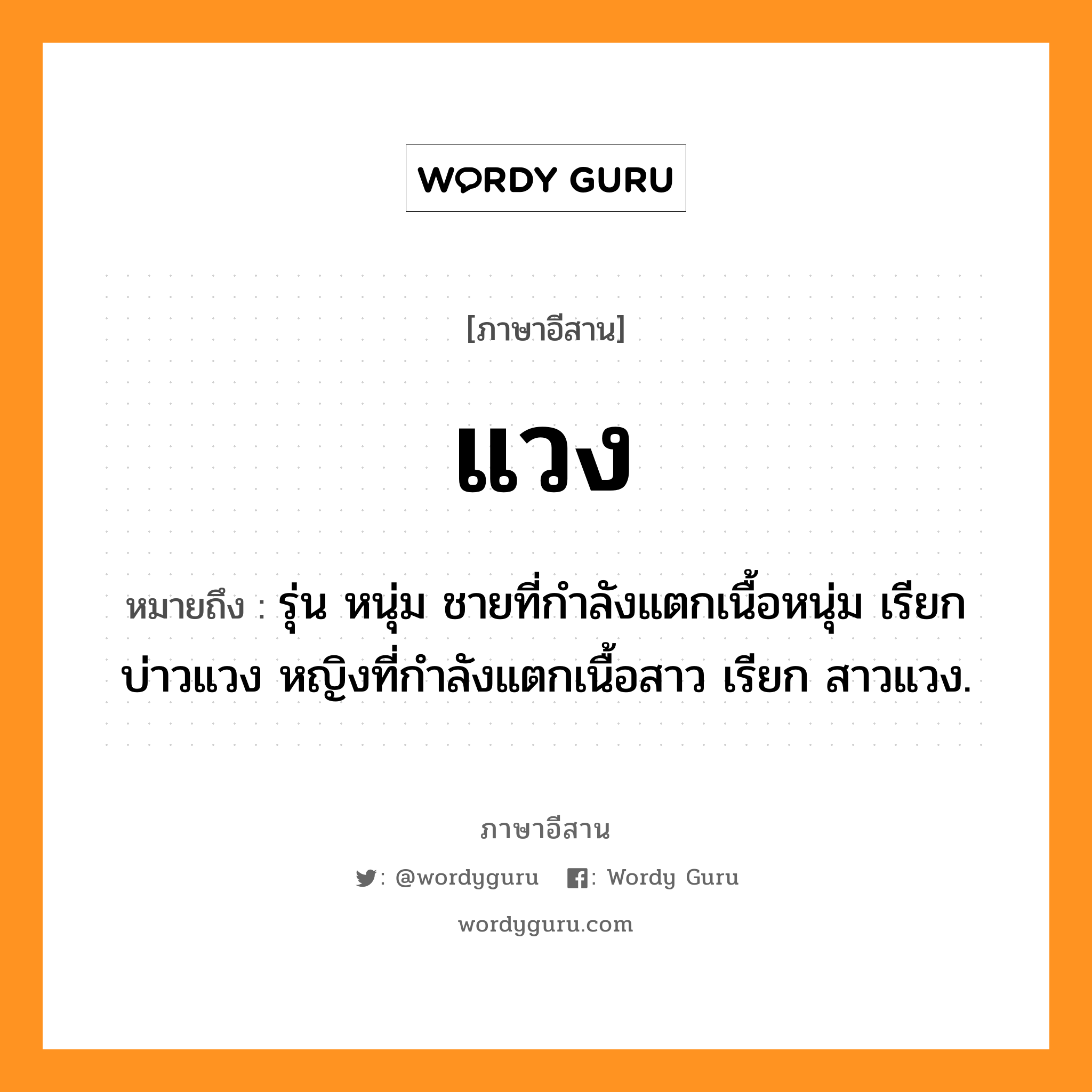 แวง หมายถึงอะไร, ภาษาอีสาน แวง หมายถึง รุ่น หนุ่ม ชายที่กำลังแตกเนื้อหนุ่ม เรียก บ่าวแวง หญิงที่กำลังแตกเนื้อสาว เรียก สาวแวง. หมวด แวง