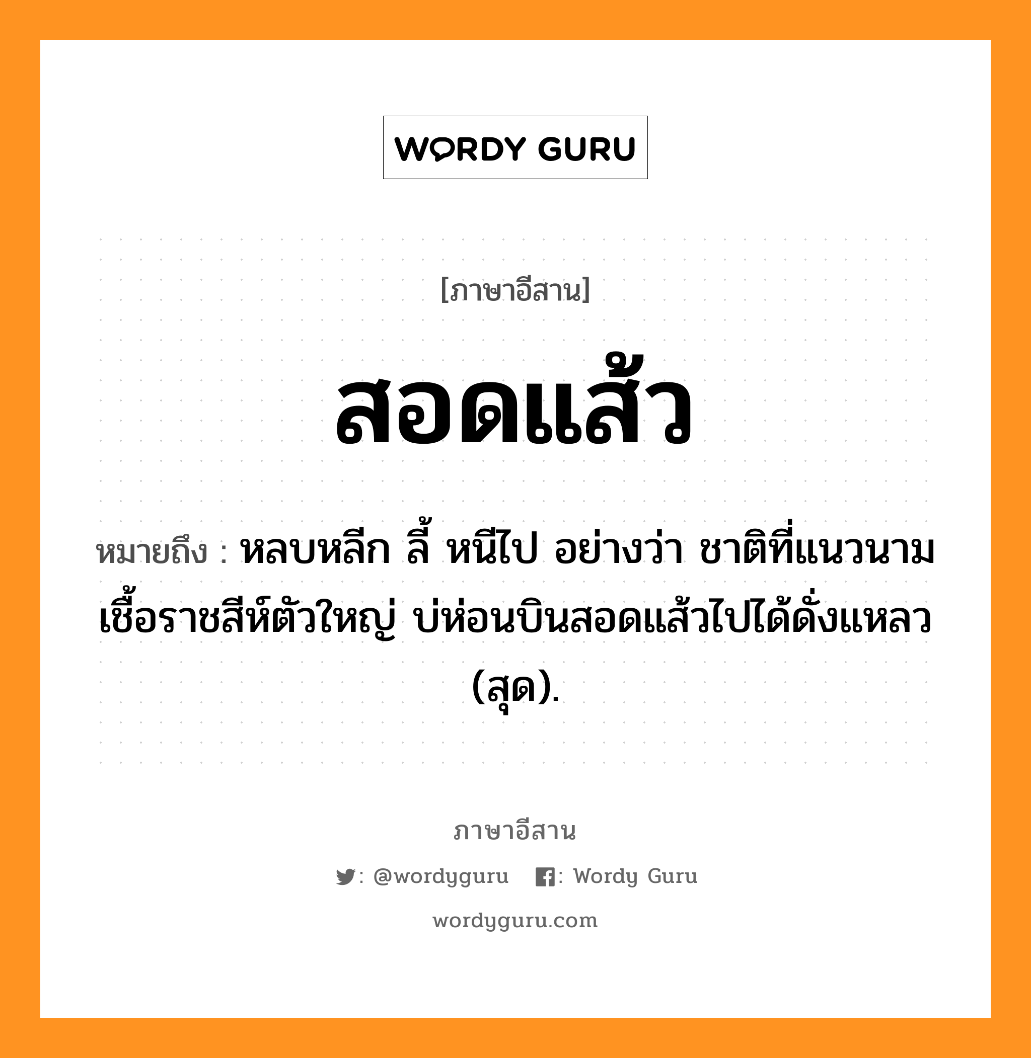 สอดแส้ว หมายถึงอะไร, ภาษาอีสาน สอดแส้ว หมายถึง หลบหลีก ลี้ หนีไป อย่างว่า ชาติที่แนวนามเชื้อราชสีห์ตัวใหญ่ บ่ห่อนบินสอดแส้วไปได้ดั่งแหลว (สุด). หมวด สอด - แส้ว