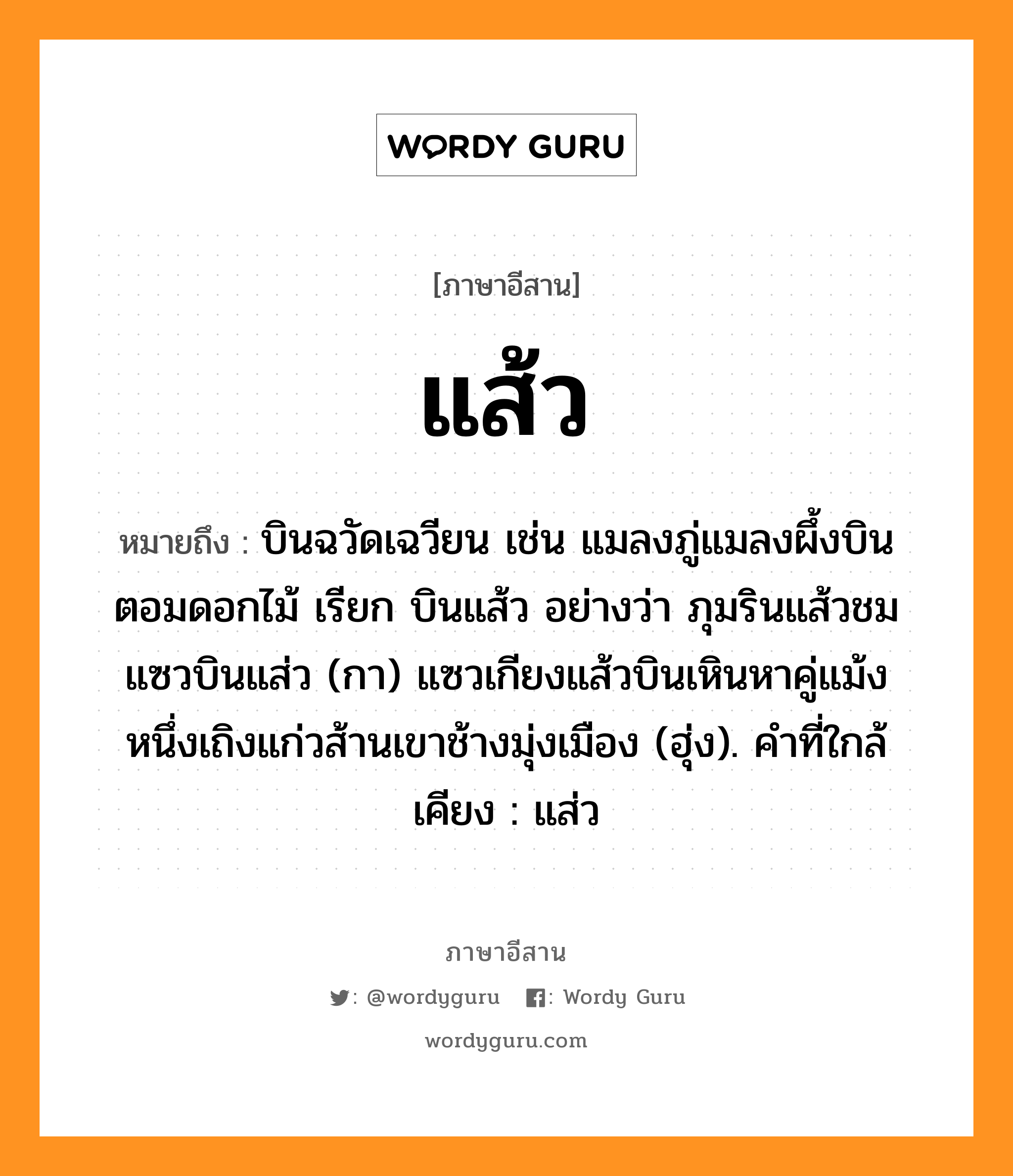 แส้ว หมายถึงอะไร, ภาษาอีสาน แส้ว หมายถึง บินฉวัดเฉวียน เช่น แมลงภู่แมลงผึ้งบินตอมดอกไม้ เรียก บินแส้ว อย่างว่า ภุมรินแส้วชมแซวบินแส่ว (กา) แซวเกียงแส้วบินเหินหาคู่แม้งหนึ่งเถิงแก่วส้านเขาช้างมุ่งเมือง (ฮุ่ง). คำที่ใกล้เคียง : แส่ว หมวด แส้ว