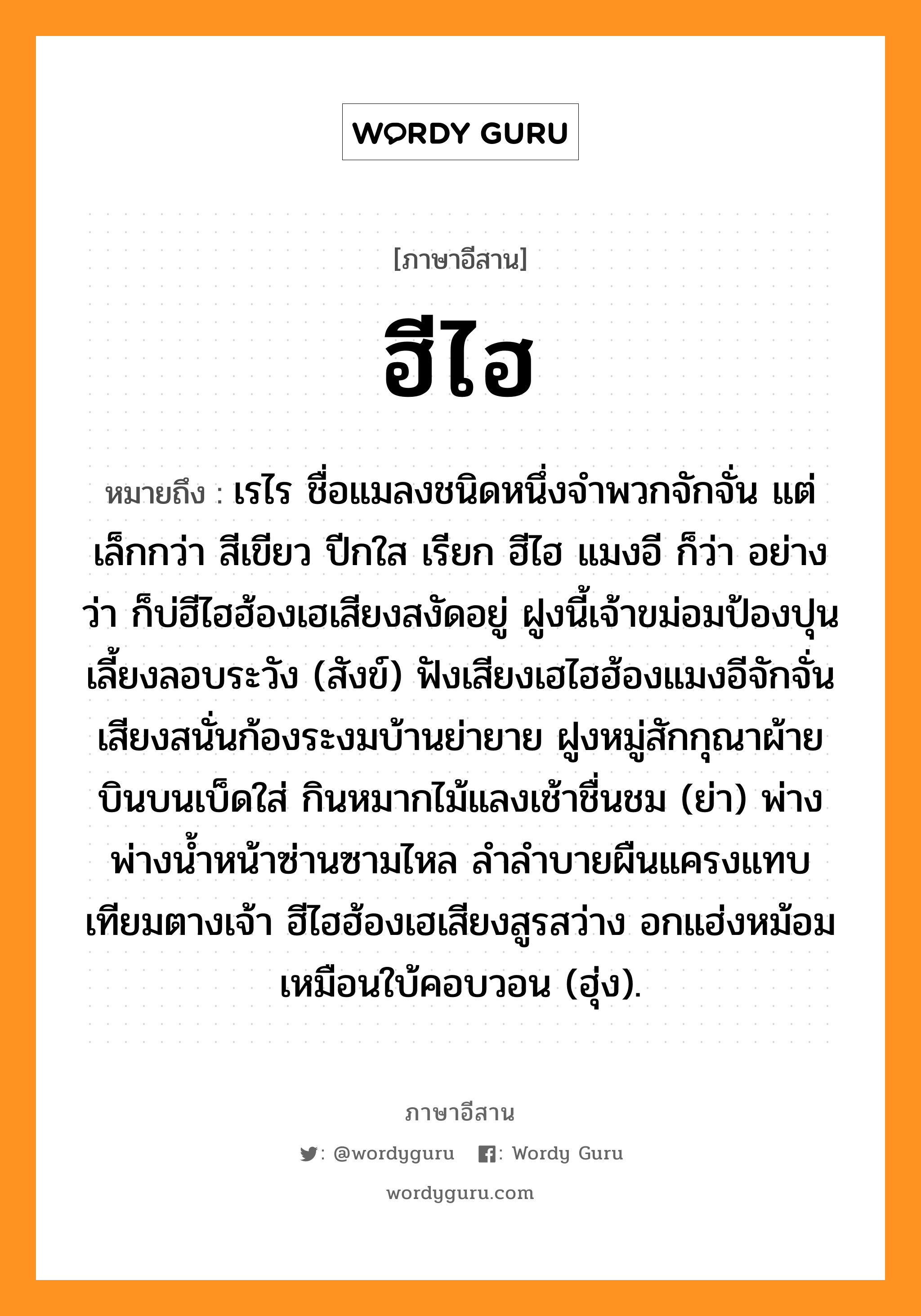 ฮีไฮ หมายถึงอะไร, ภาษาอีสาน ฮีไฮ หมายถึง เรไร ชื่อแมลงชนิดหนึ่งจำพวกจักจั่น แต่เล็กกว่า สีเขียว ปีกใส เรียก ฮีไฮ แมงอี ก็ว่า อย่างว่า ก็บ่ฮีไฮฮ้องเฮเสียงสงัดอยู่ ฝูงนี้เจ้าขม่อมป้องปุนเลี้ยงลอบระวัง (สังข์) ฟังเสียงเฮไฮฮ้องแมงอีจักจั่น เสียงสนั่นก้องระงมบ้านย่ายาย ฝูงหมู่สักกุณาผ้ายบินบนเบ็ดใส่ กินหมากไม้แลงเช้าชื่นชม (ย่า) พ่างพ่างน้ำหน้าซ่านซามไหล ลำลำบายผืนแครงแทบเทียมตางเจ้า ฮีไฮฮ้องเฮเสียงสูรสว่าง อกแฮ่งหม้อมเหมือนใบ้คอบวอน (ฮุ่ง). หมวด ฮี - ไฮ