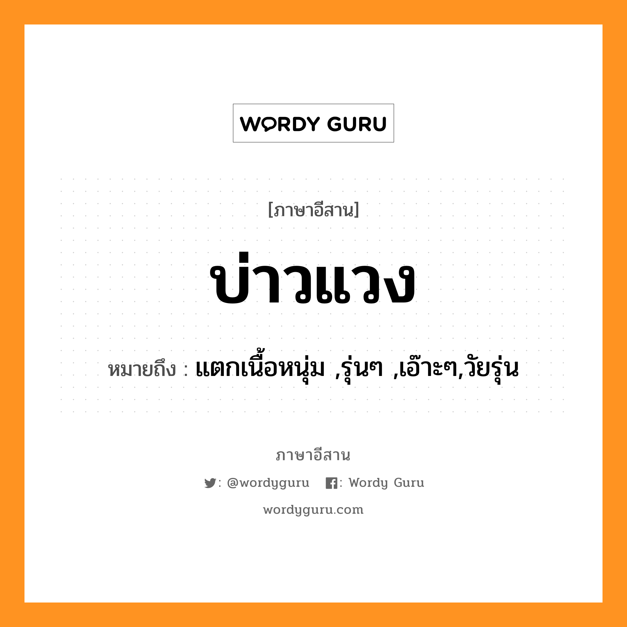 บ่าวแวง หมายถึงอะไร, ภาษาอีสาน บ่าวแวง หมายถึง แตกเนื้อหนุ่ม ,รุ่นๆ ,เอ๊าะๆ,วัยรุ่น หมวด บ่าว - แวง