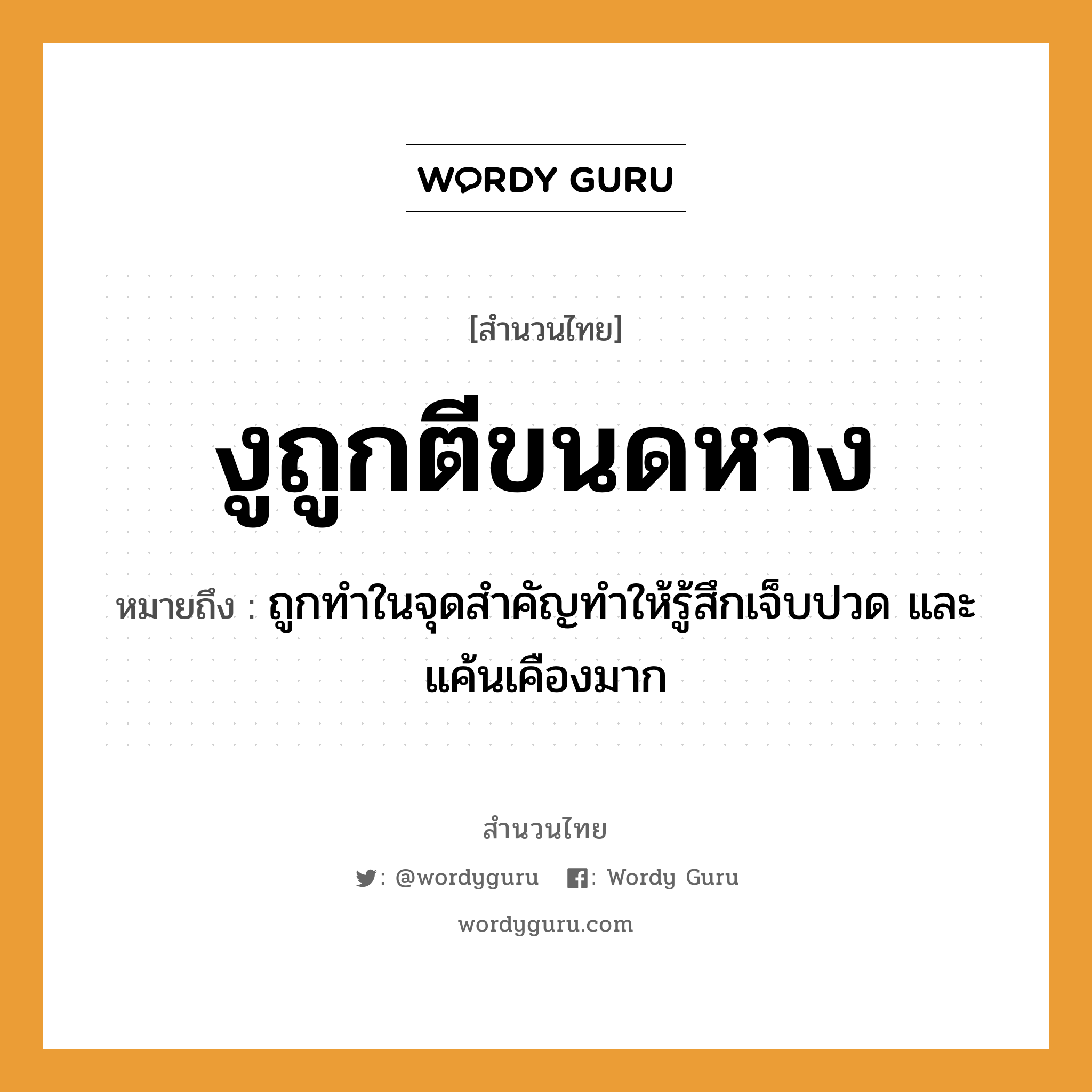 สำนวนไทย: งูถูกตีขนดหาง หมายถึง?, สํานวนไทย งูถูกตีขนดหาง หมายถึง ถูกทำในจุดสำคัญทำให้รู้สึกเจ็บปวด และแค้นเคืองมาก สัตว์ งู อวัยวะ หาง คำกริยา ตี