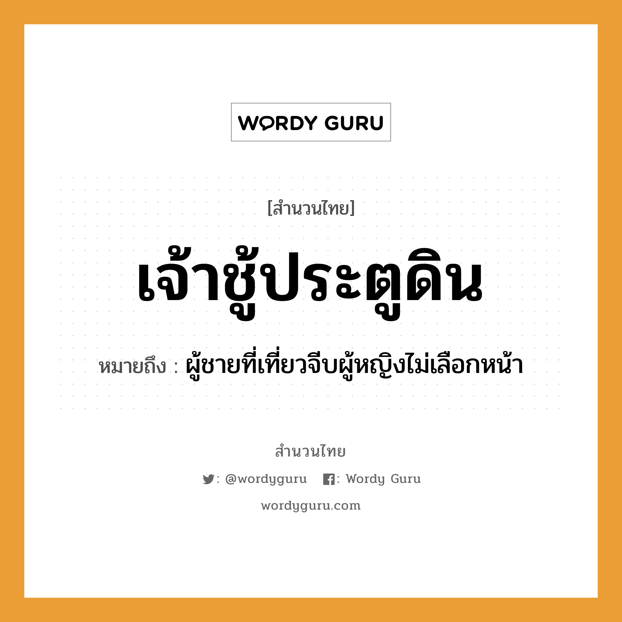 สำนวนไทย: เจ้าชู้ประตูดิน หมายถึง?, สํานวนไทย เจ้าชู้ประตูดิน หมายถึง ผู้ชายที่เที่ยวจีบผู้หญิงไม่เลือกหน้า คำนาม ชาย, หญิง อวัยวะ หน้า ธรรมชาติ ดิน