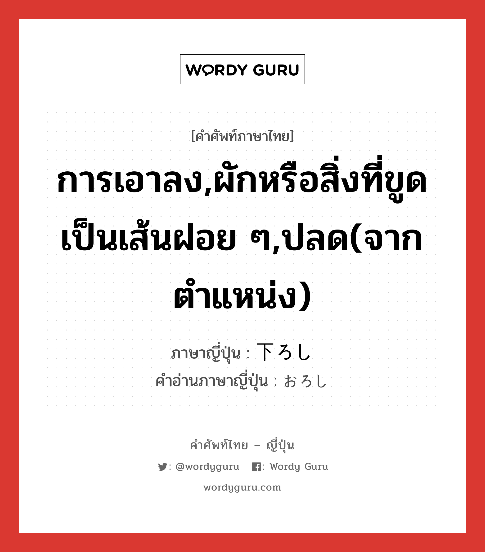 การเอาลง,ผักหรือสิ่งที่ขูดเป็นเส้นฝอย ๆ,ปลด(จากตำแหน่ง) ภาษาญี่ปุ่นคืออะไร, คำศัพท์ภาษาไทย - ญี่ปุ่น การเอาลง,ผักหรือสิ่งที่ขูดเป็นเส้นฝอย ๆ,ปลด(จากตำแหน่ง) ภาษาญี่ปุ่น 下ろし คำอ่านภาษาญี่ปุ่น おろし หมวด n หมวด n