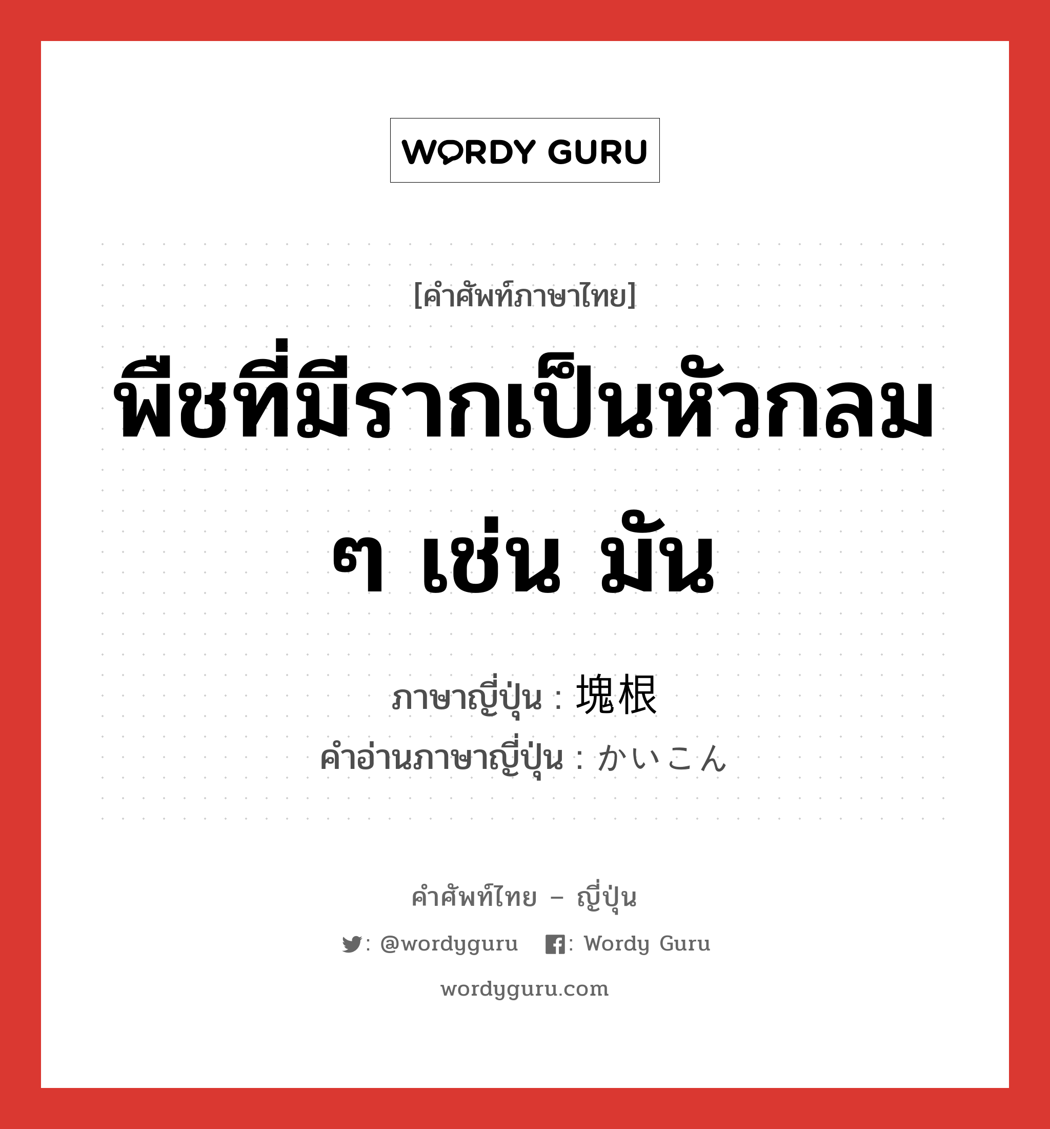 พืชที่มีรากเป็นหัวกลม ๆ เช่น มัน ภาษาญี่ปุ่นคืออะไร, คำศัพท์ภาษาไทย - ญี่ปุ่น พืชที่มีรากเป็นหัวกลม ๆ เช่น มัน ภาษาญี่ปุ่น 塊根 คำอ่านภาษาญี่ปุ่น かいこん หมวด n หมวด n