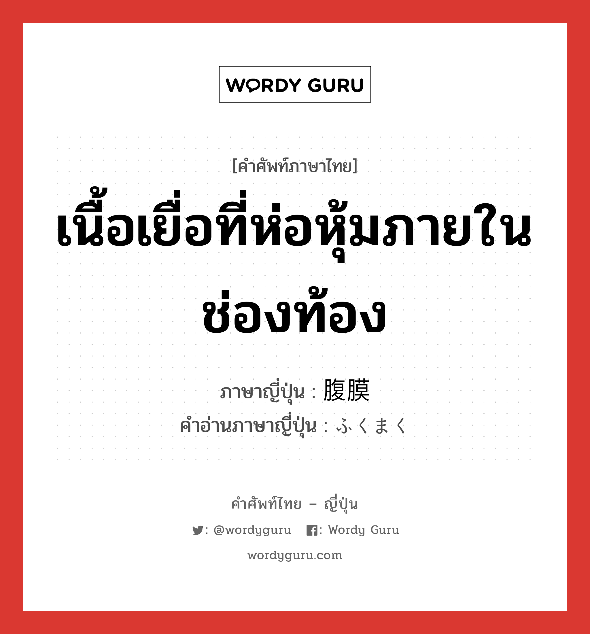 เนื้อเยื่อที่ห่อหุ้มภายในช่องท้อง ภาษาญี่ปุ่นคืออะไร, คำศัพท์ภาษาไทย - ญี่ปุ่น เนื้อเยื่อที่ห่อหุ้มภายในช่องท้อง ภาษาญี่ปุ่น 腹膜 คำอ่านภาษาญี่ปุ่น ふくまく หมวด n หมวด n