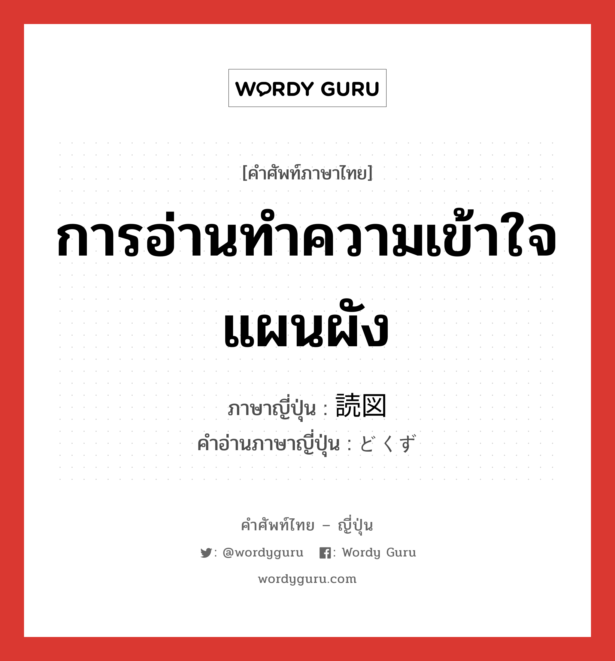 การอ่านทำความเข้าใจแผนผัง ภาษาญี่ปุ่นคืออะไร, คำศัพท์ภาษาไทย - ญี่ปุ่น การอ่านทำความเข้าใจแผนผัง ภาษาญี่ปุ่น 読図 คำอ่านภาษาญี่ปุ่น どくず หมวด n หมวด n