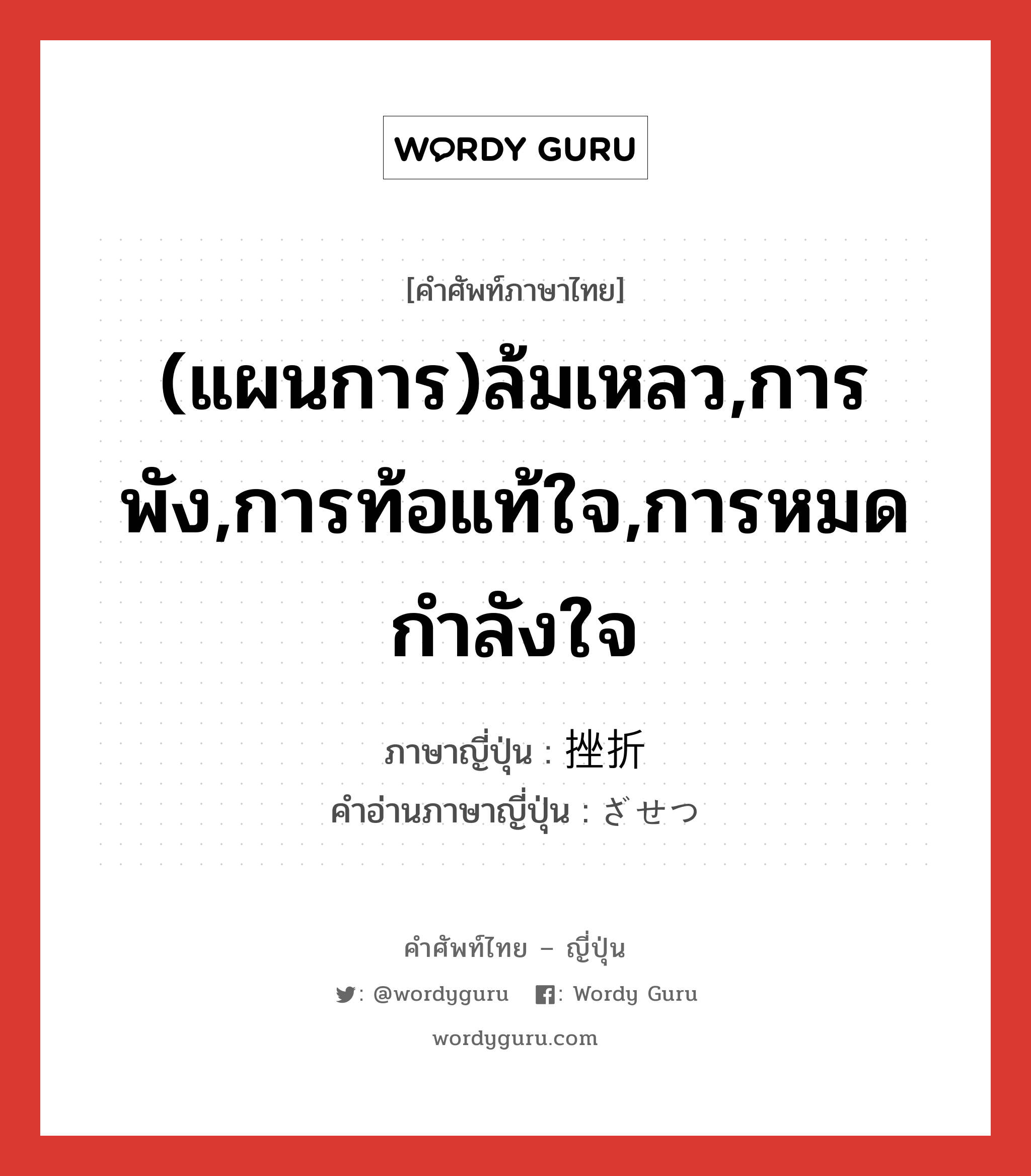 (แผนการ)ล้มเหลว,การพัง,การท้อแท้ใจ,การหมดกำลังใจ ภาษาญี่ปุ่นคืออะไร, คำศัพท์ภาษาไทย - ญี่ปุ่น (แผนการ)ล้มเหลว,การพัง,การท้อแท้ใจ,การหมดกำลังใจ ภาษาญี่ปุ่น 挫折 คำอ่านภาษาญี่ปุ่น ざせつ หมวด n หมวด n