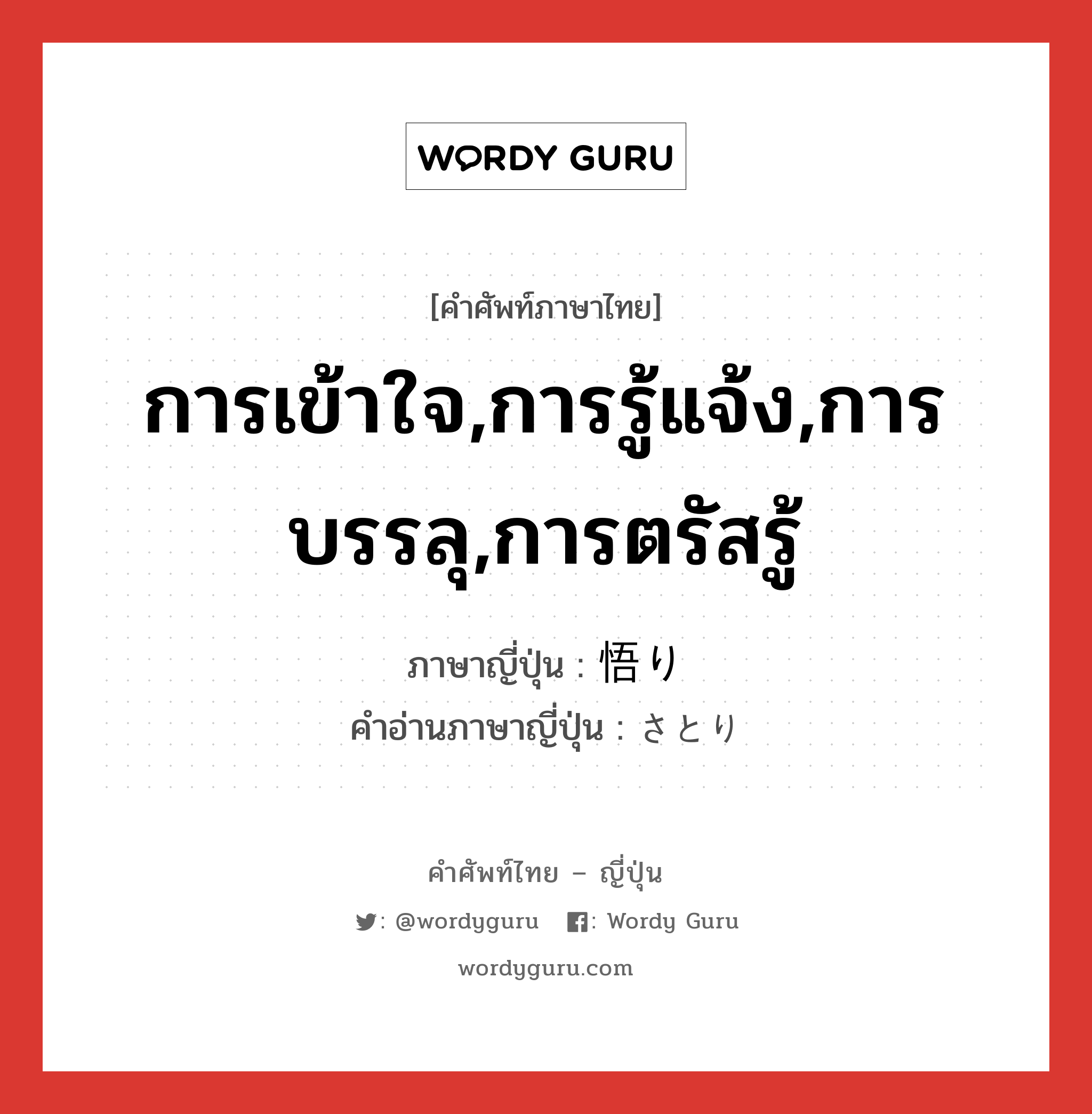 การเข้าใจ,การรู้แจ้ง,การบรรลุ,การตรัสรู้ ภาษาญี่ปุ่นคืออะไร, คำศัพท์ภาษาไทย - ญี่ปุ่น การเข้าใจ,การรู้แจ้ง,การบรรลุ,การตรัสรู้ ภาษาญี่ปุ่น 悟り คำอ่านภาษาญี่ปุ่น さとり หมวด n หมวด n