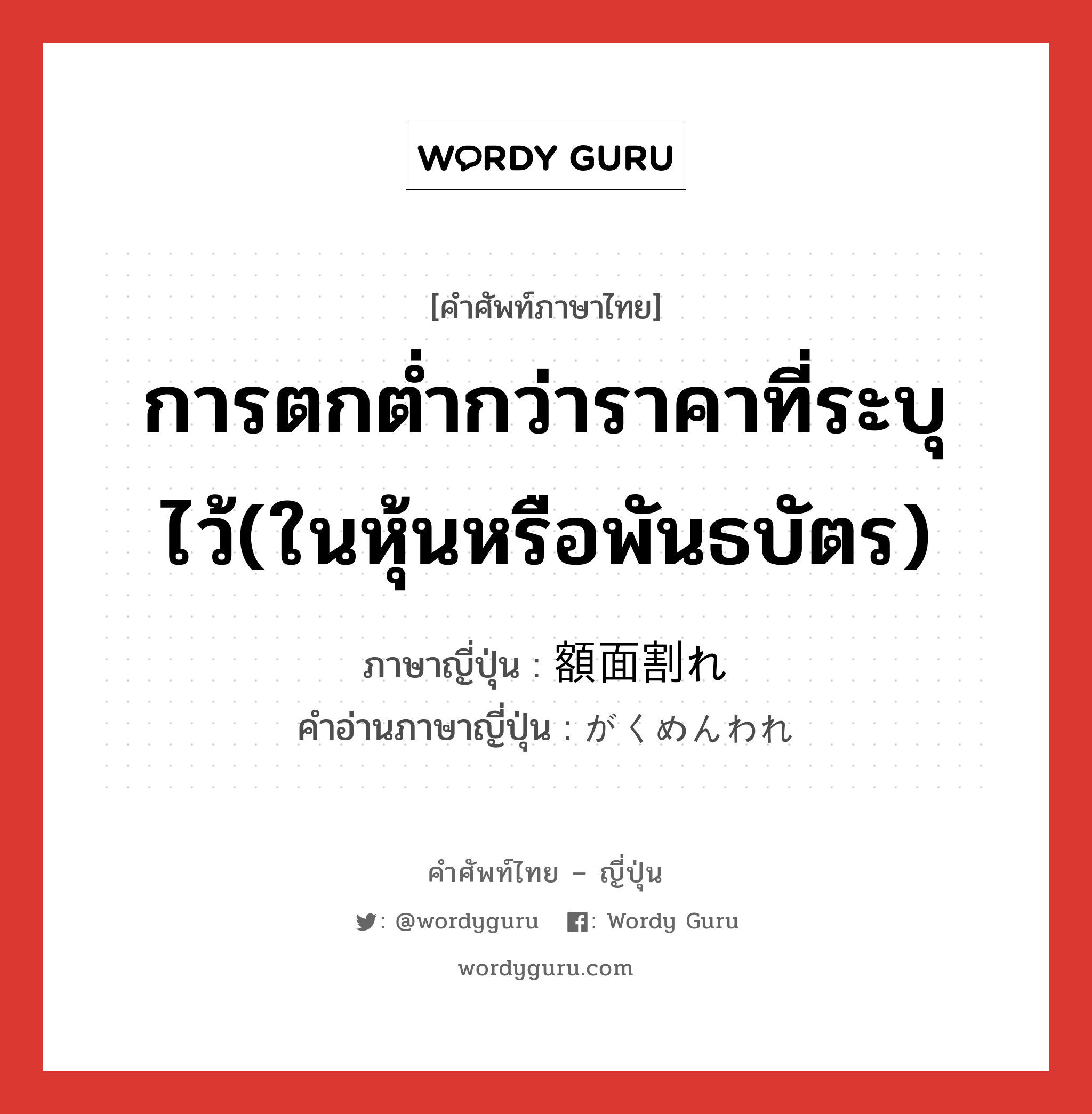 การตกต่ำกว่าราคาที่ระบุไว้(ในหุ้นหรือพันธบัตร) ภาษาญี่ปุ่นคืออะไร, คำศัพท์ภาษาไทย - ญี่ปุ่น การตกต่ำกว่าราคาที่ระบุไว้(ในหุ้นหรือพันธบัตร) ภาษาญี่ปุ่น 額面割れ คำอ่านภาษาญี่ปุ่น がくめんわれ หมวด n หมวด n