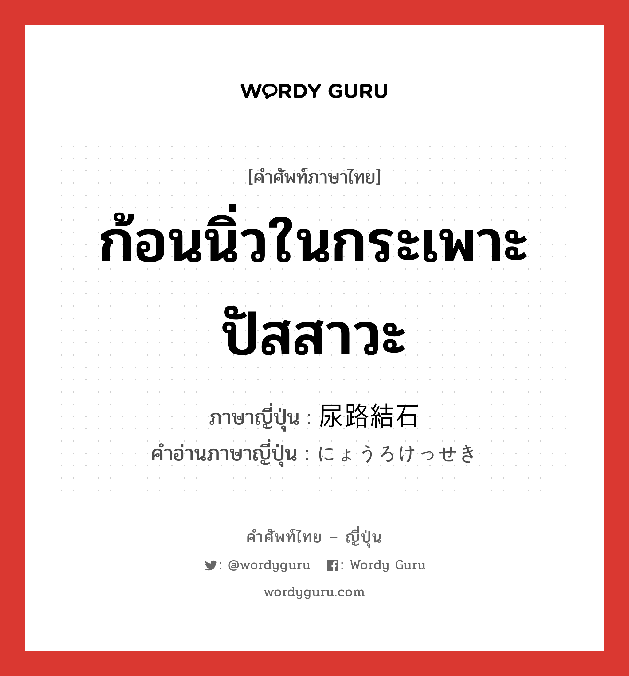 ก้อนนิ่วในกระเพาะปัสสาวะ ภาษาญี่ปุ่นคืออะไร, คำศัพท์ภาษาไทย - ญี่ปุ่น ก้อนนิ่วในกระเพาะปัสสาวะ ภาษาญี่ปุ่น 尿路結石 คำอ่านภาษาญี่ปุ่น にょうろけっせき หมวด n หมวด n