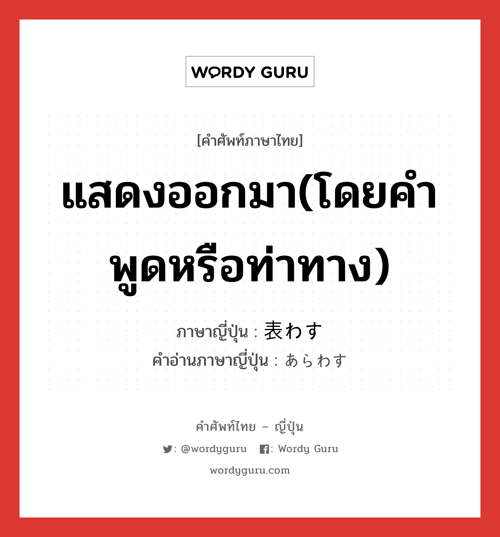 แสดงออกมา(โดยคำพูดหรือท่าทาง) ภาษาญี่ปุ่นคืออะไร, คำศัพท์ภาษาไทย - ญี่ปุ่น แสดงออกมา(โดยคำพูดหรือท่าทาง) ภาษาญี่ปุ่น 表わす คำอ่านภาษาญี่ปุ่น あらわす หมวด v5s หมวด v5s