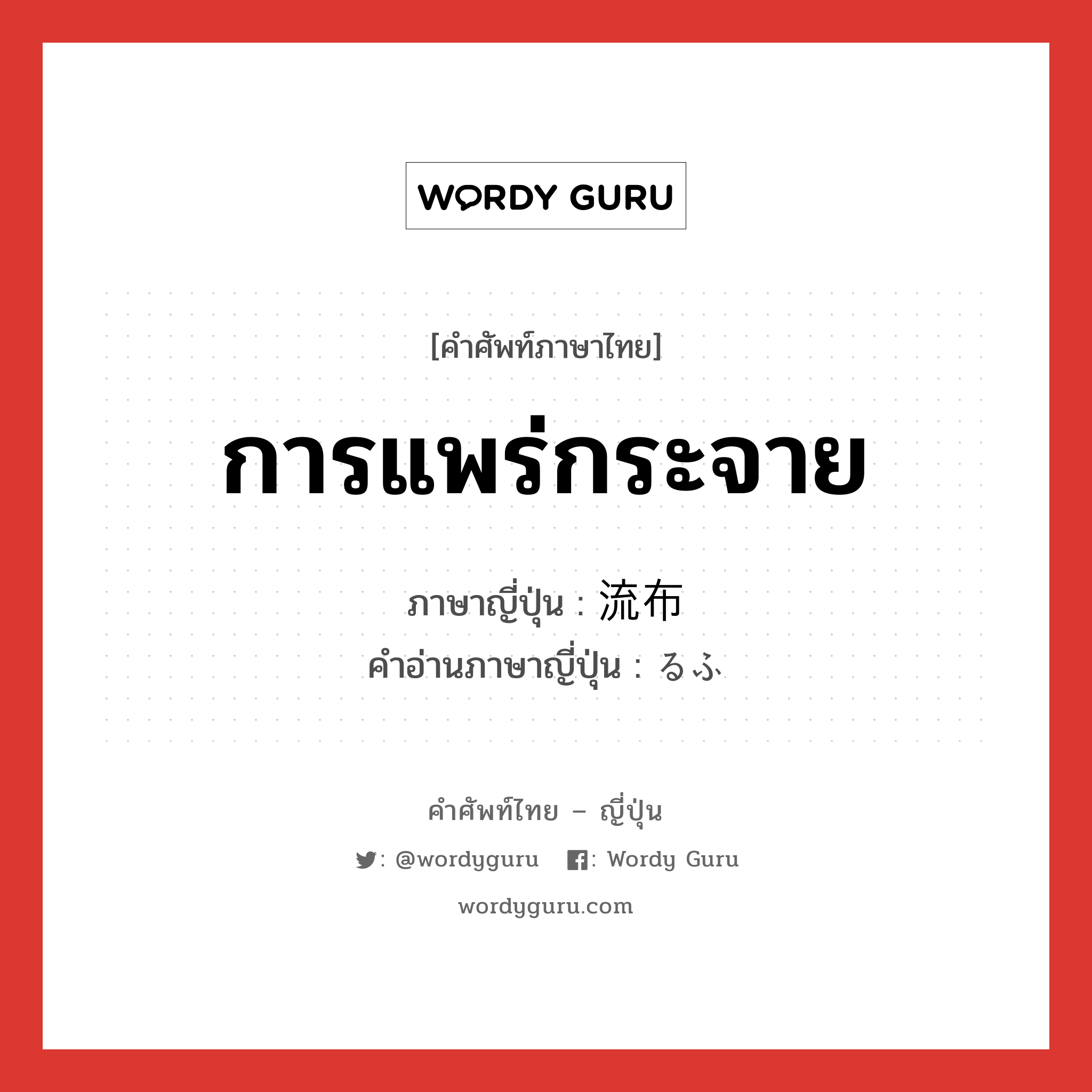 การแพร่กระจาย ภาษาญี่ปุ่นคืออะไร, คำศัพท์ภาษาไทย - ญี่ปุ่น การแพร่กระจาย ภาษาญี่ปุ่น 流布 คำอ่านภาษาญี่ปุ่น るふ หมวด n หมวด n