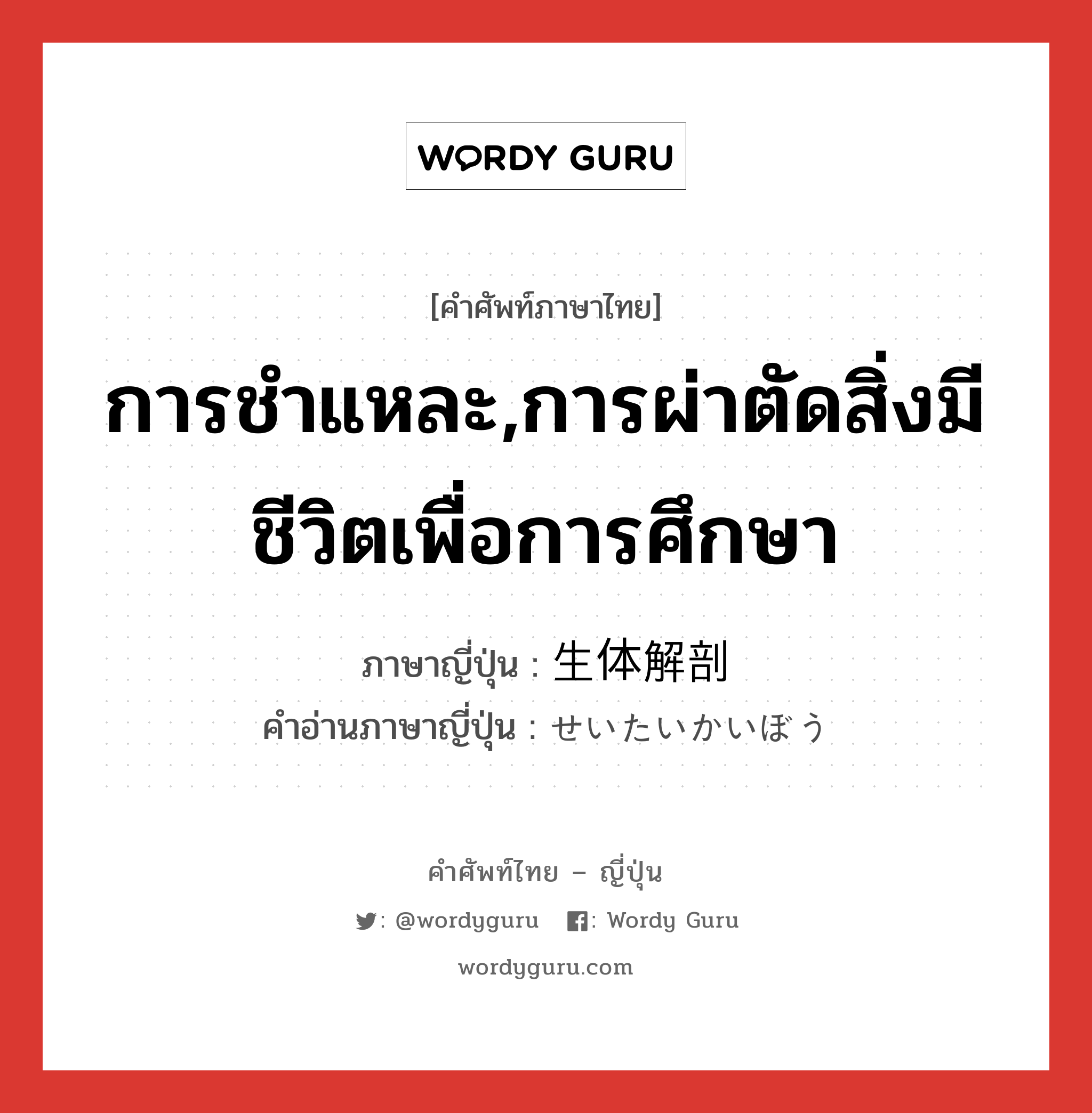 การชำแหละ,การผ่าตัดสิ่งมีชีวิตเพื่อการศึกษา ภาษาญี่ปุ่นคืออะไร, คำศัพท์ภาษาไทย - ญี่ปุ่น การชำแหละ,การผ่าตัดสิ่งมีชีวิตเพื่อการศึกษา ภาษาญี่ปุ่น 生体解剖 คำอ่านภาษาญี่ปุ่น せいたいかいぼう หมวด n หมวด n