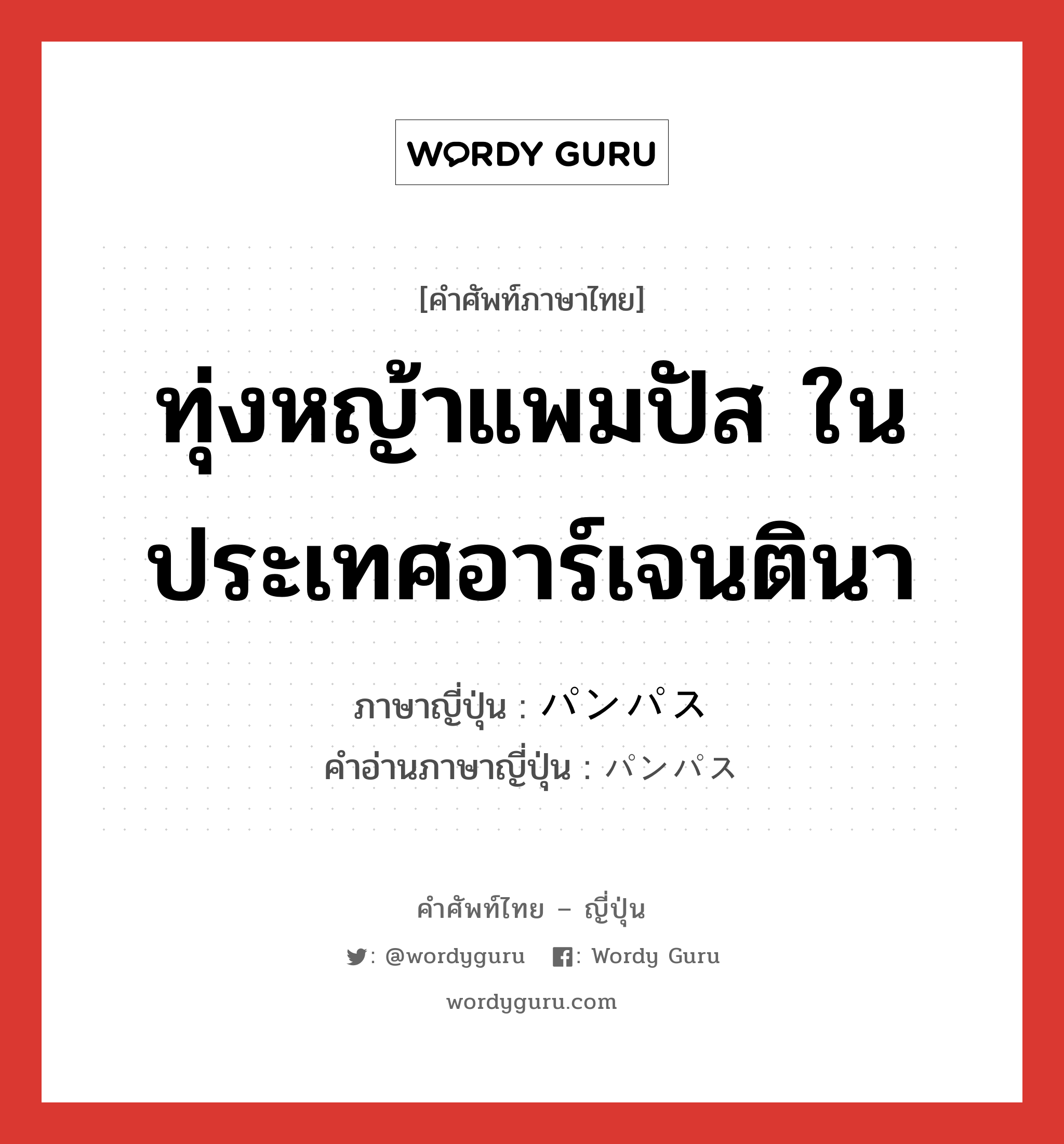 ทุ่งหญ้าแพมปัส ในประเทศอาร์เจนตินา ภาษาญี่ปุ่นคืออะไร, คำศัพท์ภาษาไทย - ญี่ปุ่น ทุ่งหญ้าแพมปัส ในประเทศอาร์เจนตินา ภาษาญี่ปุ่น パンパス คำอ่านภาษาญี่ปุ่น パンパス หมวด n หมวด n