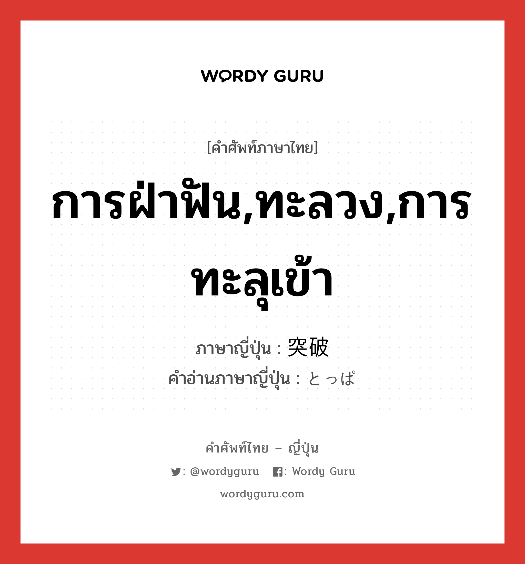 การฝ่าฟัน,ทะลวง,การทะลุเข้า ภาษาญี่ปุ่นคืออะไร, คำศัพท์ภาษาไทย - ญี่ปุ่น การฝ่าฟัน,ทะลวง,การทะลุเข้า ภาษาญี่ปุ่น 突破 คำอ่านภาษาญี่ปุ่น とっぱ หมวด n หมวด n