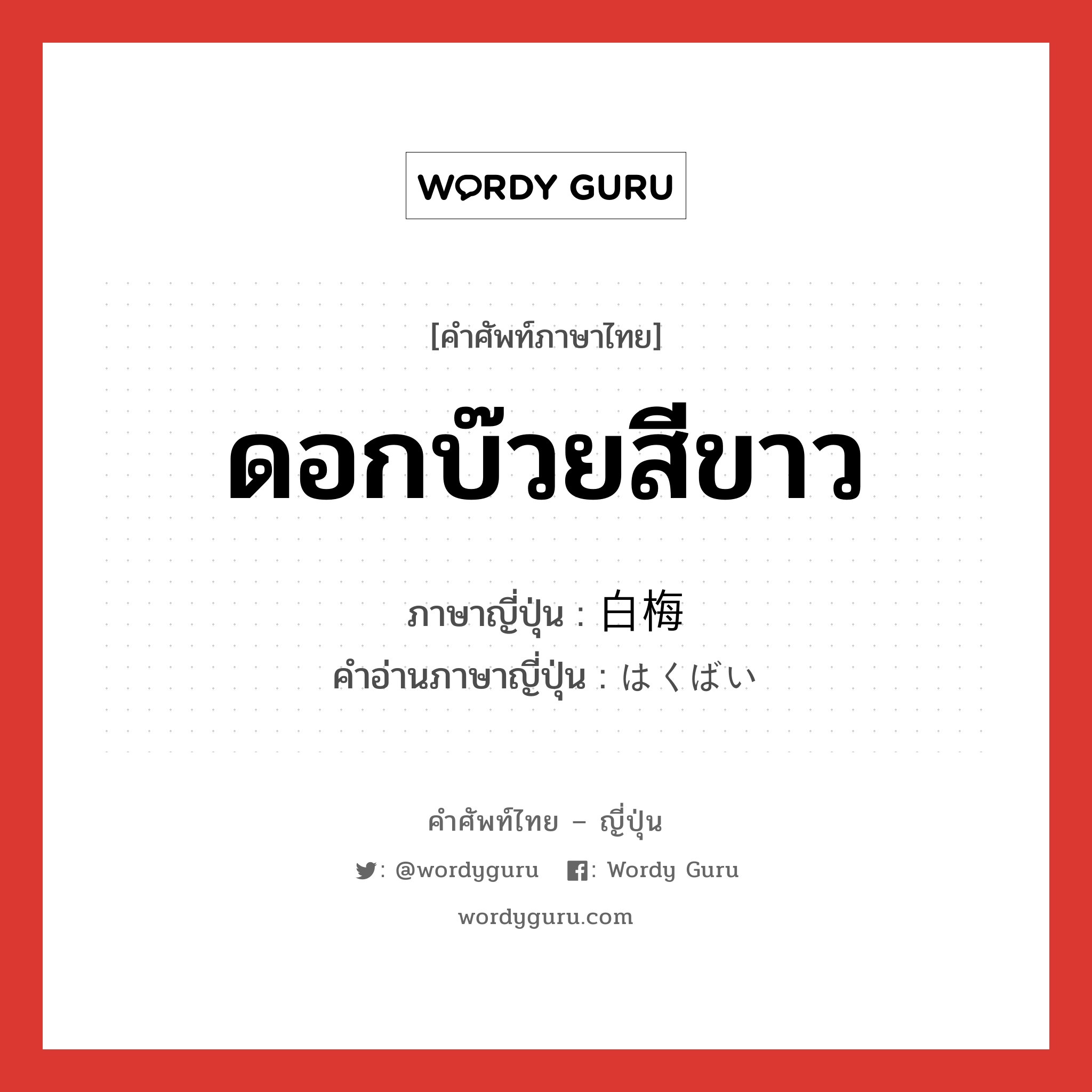 ดอกบ๊วยสีขาว ภาษาญี่ปุ่นคืออะไร, คำศัพท์ภาษาไทย - ญี่ปุ่น ดอกบ๊วยสีขาว ภาษาญี่ปุ่น 白梅 คำอ่านภาษาญี่ปุ่น はくばい หมวด n หมวด n