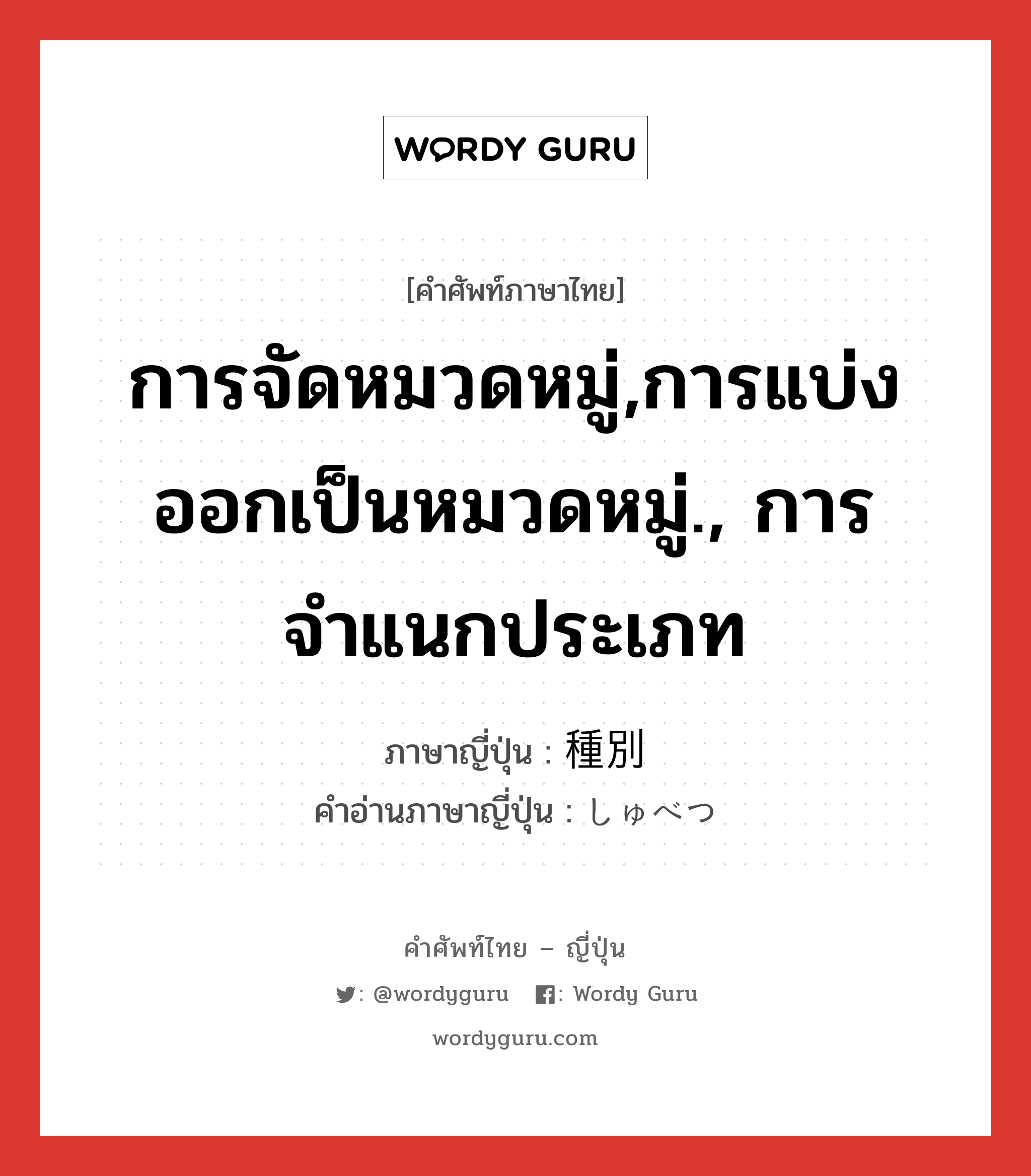 การจัดหมวดหมู่,การแบ่งออกเป็นหมวดหมู่., การจำแนกประเภท ภาษาญี่ปุ่นคืออะไร, คำศัพท์ภาษาไทย - ญี่ปุ่น การจัดหมวดหมู่,การแบ่งออกเป็นหมวดหมู่., การจำแนกประเภท ภาษาญี่ปุ่น 種別 คำอ่านภาษาญี่ปุ่น しゅべつ หมวด n หมวด n