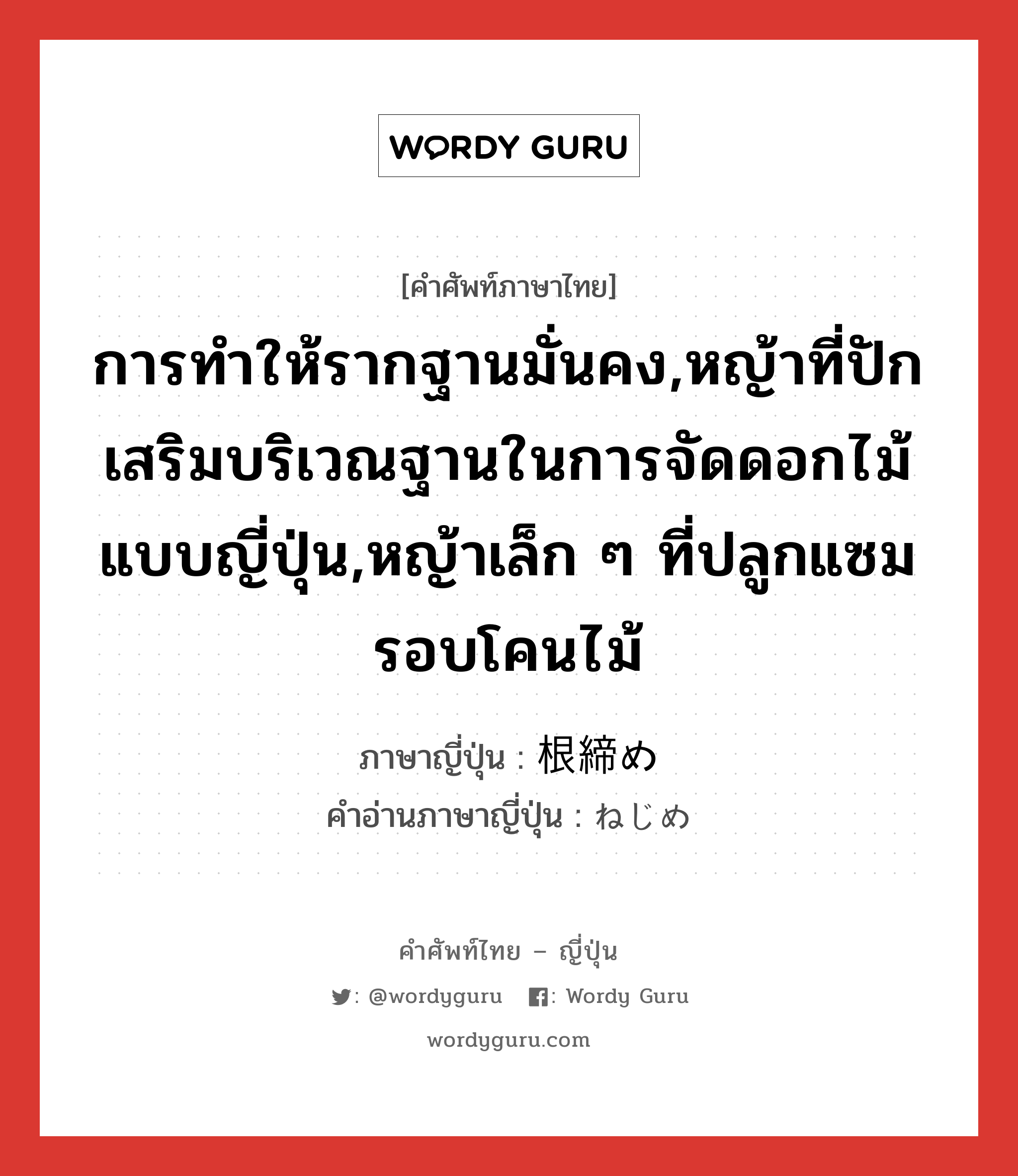 การทำให้รากฐานมั่นคง,หญ้าที่ปักเสริมบริเวณฐานในการจัดดอกไม้แบบญี่ปุ่น,หญ้าเล็ก ๆ ที่ปลูกแซมรอบโคนไม้ ภาษาญี่ปุ่นคืออะไร, คำศัพท์ภาษาไทย - ญี่ปุ่น การทำให้รากฐานมั่นคง,หญ้าที่ปักเสริมบริเวณฐานในการจัดดอกไม้แบบญี่ปุ่น,หญ้าเล็ก ๆ ที่ปลูกแซมรอบโคนไม้ ภาษาญี่ปุ่น 根締め คำอ่านภาษาญี่ปุ่น ねじめ หมวด n หมวด n