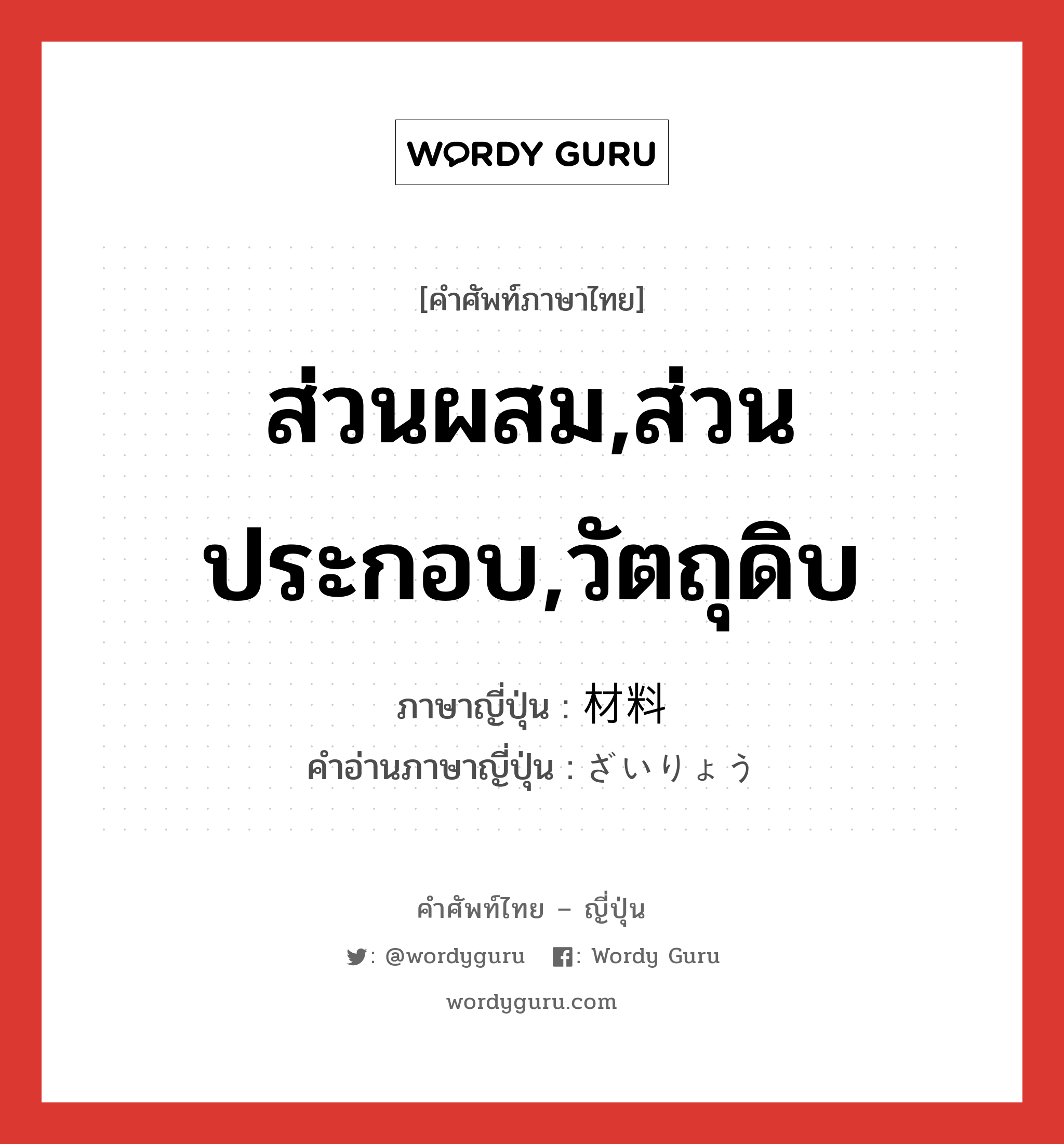 ส่วนผสม,ส่วนประกอบ,วัตถุดิบ ภาษาญี่ปุ่นคืออะไร, คำศัพท์ภาษาไทย - ญี่ปุ่น ส่วนผสม,ส่วนประกอบ,วัตถุดิบ ภาษาญี่ปุ่น 材料 คำอ่านภาษาญี่ปุ่น ざいりょう หมวด n หมวด n