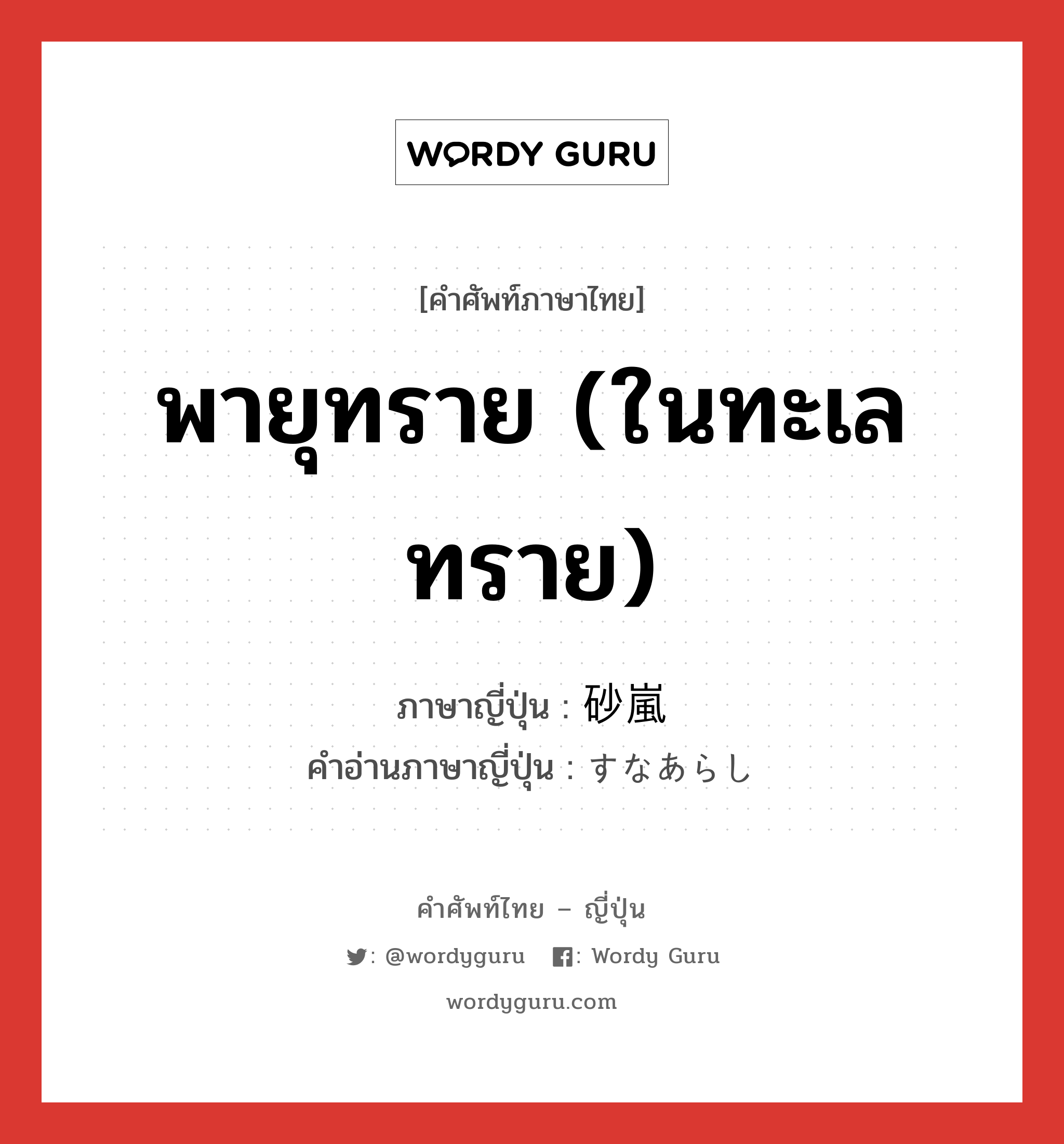 พายุทราย (ในทะเลทราย) ภาษาญี่ปุ่นคืออะไร, คำศัพท์ภาษาไทย - ญี่ปุ่น พายุทราย (ในทะเลทราย) ภาษาญี่ปุ่น 砂嵐 คำอ่านภาษาญี่ปุ่น すなあらし หมวด n หมวด n