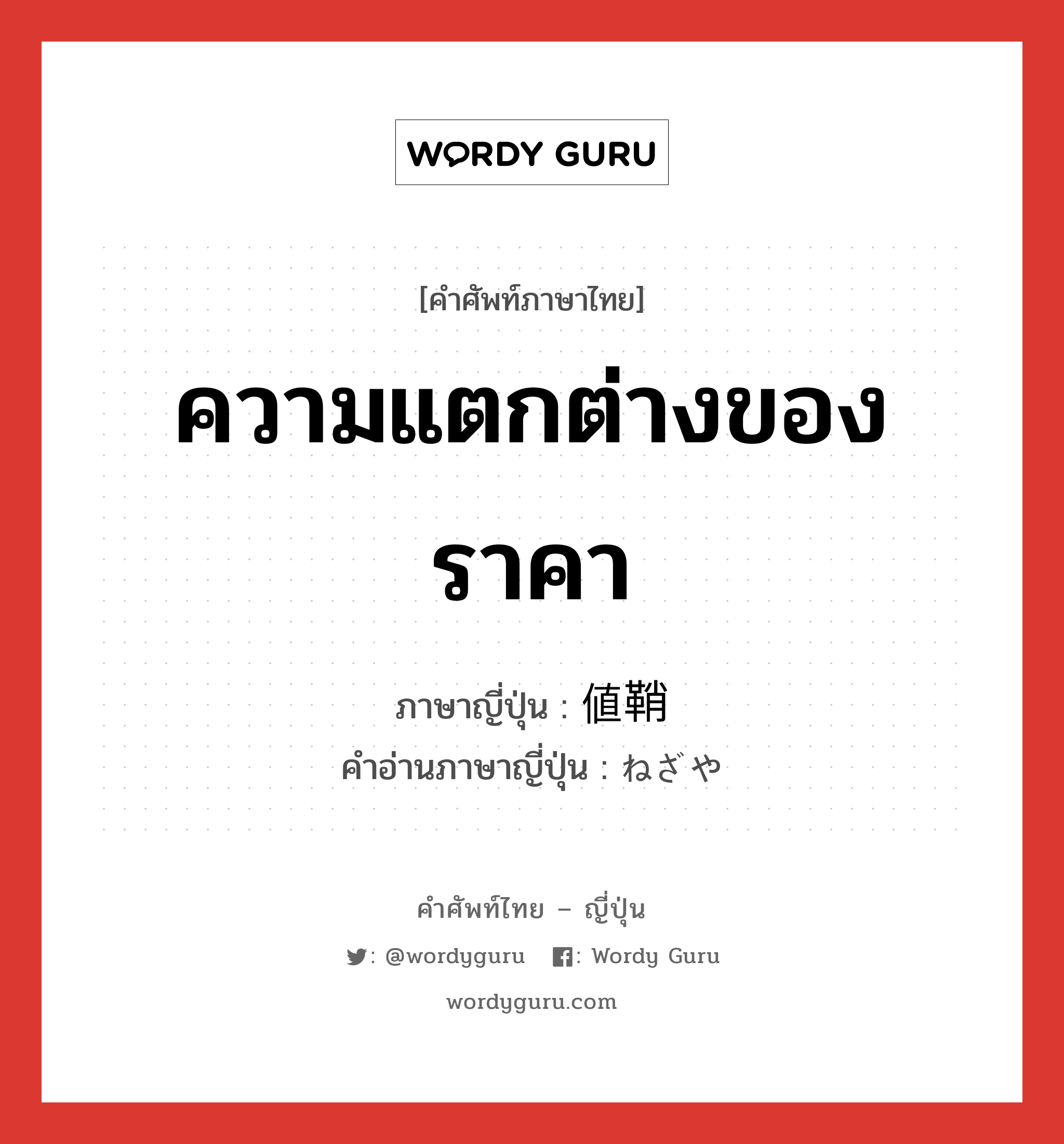 ความแตกต่างของราคา ภาษาญี่ปุ่นคืออะไร, คำศัพท์ภาษาไทย - ญี่ปุ่น ความแตกต่างของราคา ภาษาญี่ปุ่น 値鞘 คำอ่านภาษาญี่ปุ่น ねざや หมวด n หมวด n