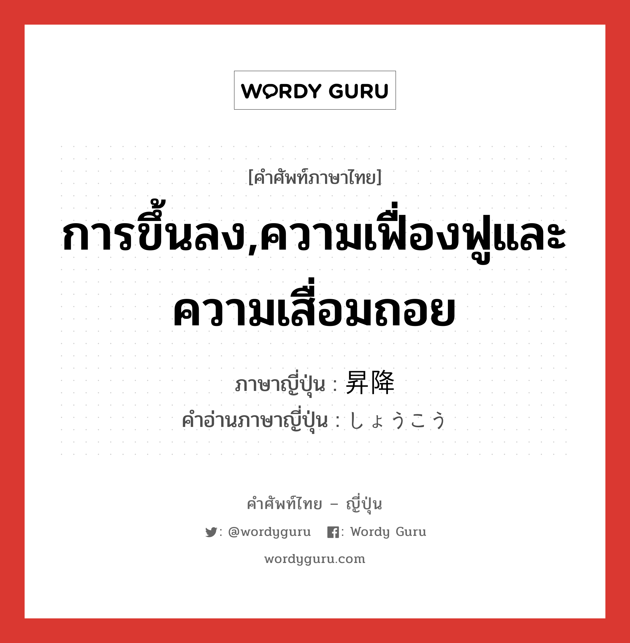 การขึ้นลง,ความเฟื่องฟูและความเสื่อมถอย ภาษาญี่ปุ่นคืออะไร, คำศัพท์ภาษาไทย - ญี่ปุ่น การขึ้นลง,ความเฟื่องฟูและความเสื่อมถอย ภาษาญี่ปุ่น 昇降 คำอ่านภาษาญี่ปุ่น しょうこう หมวด n หมวด n