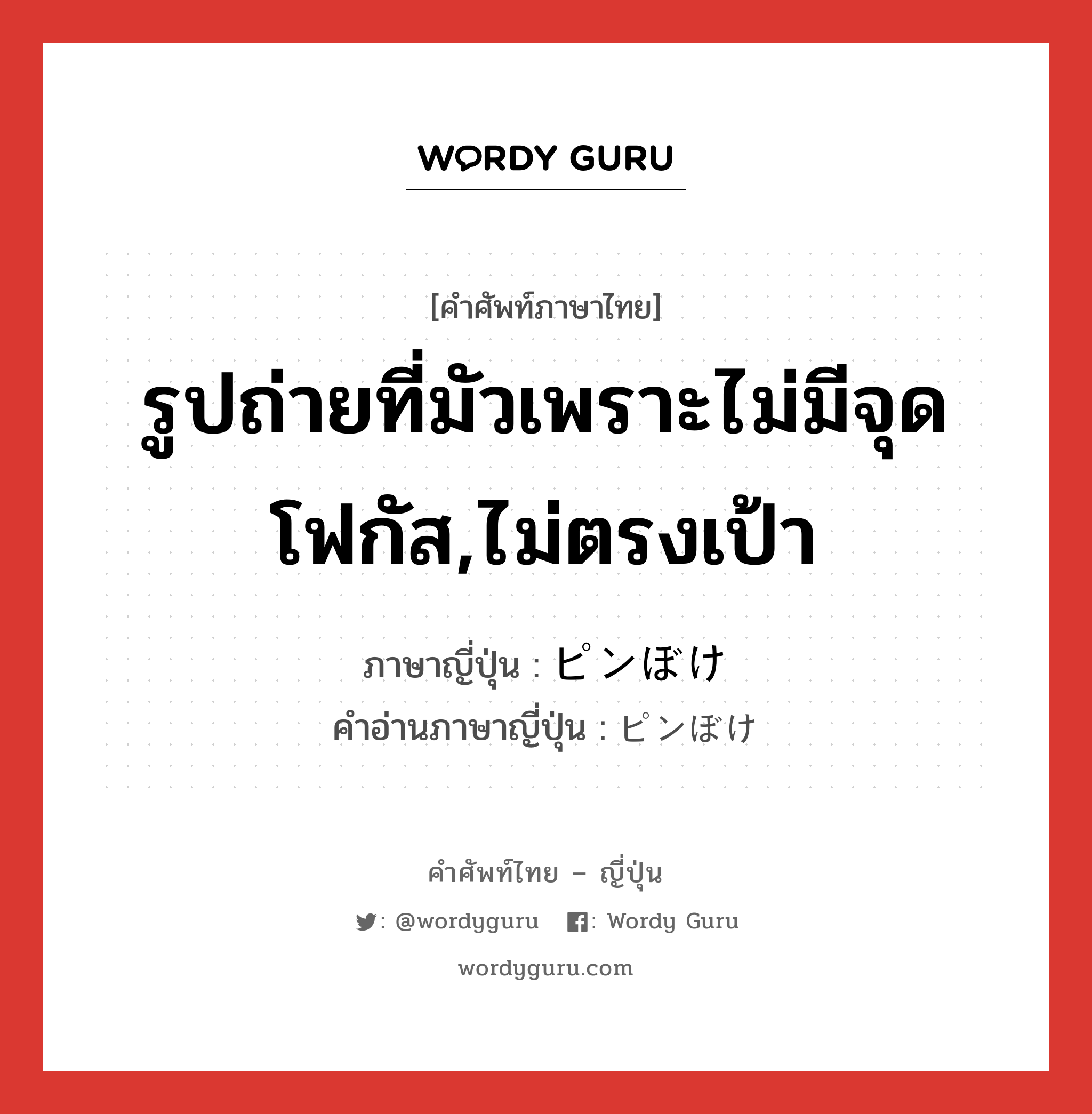 รูปถ่ายที่มัวเพราะไม่มีจุดโฟกัส,ไม่ตรงเป้า ภาษาญี่ปุ่นคืออะไร, คำศัพท์ภาษาไทย - ญี่ปุ่น รูปถ่ายที่มัวเพราะไม่มีจุดโฟกัส,ไม่ตรงเป้า ภาษาญี่ปุ่น ピンぼけ คำอ่านภาษาญี่ปุ่น ピンぼけ หมวด n หมวด n