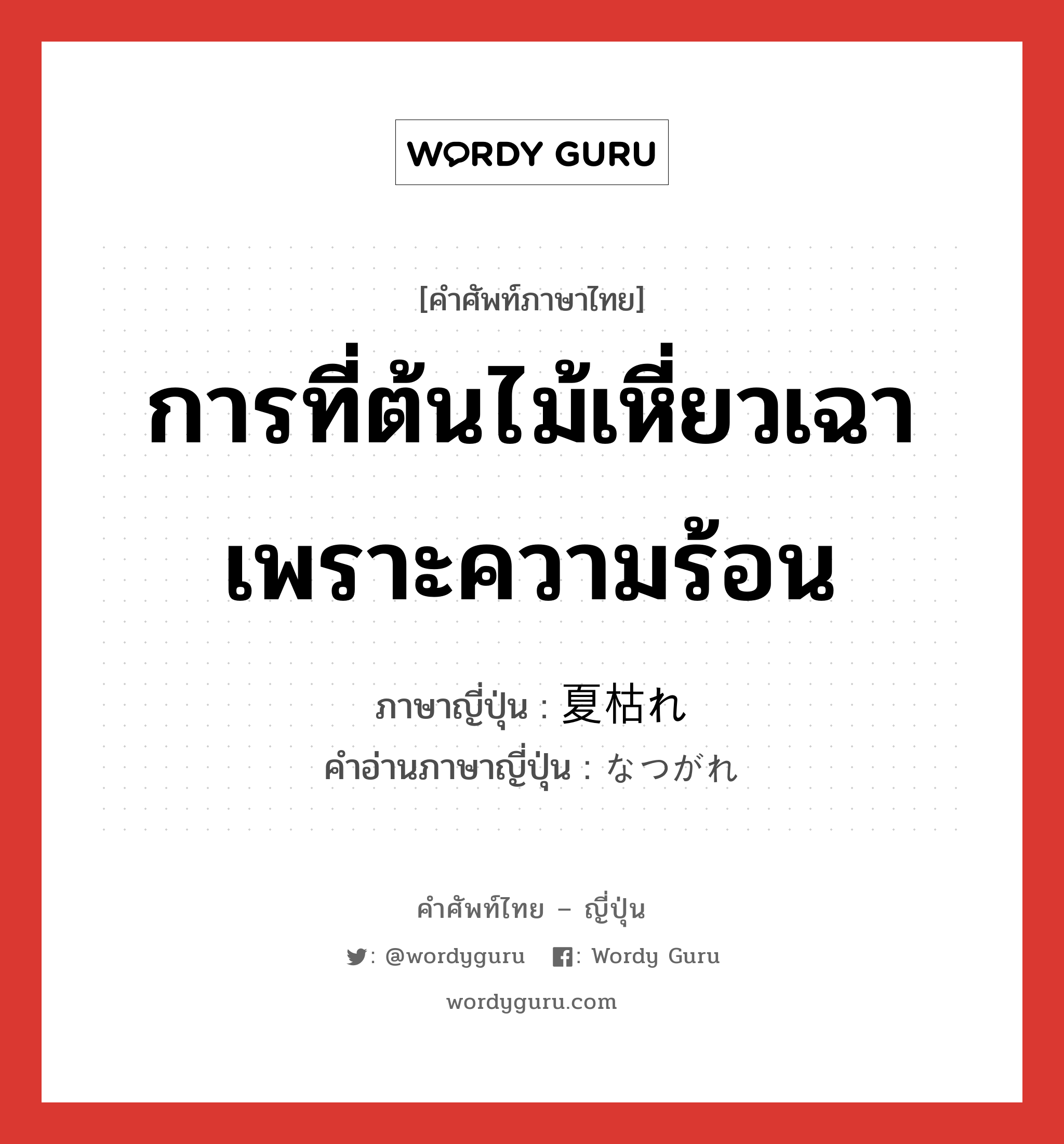 การที่ต้นไม้เหี่ยวเฉาเพราะความร้อน ภาษาญี่ปุ่นคืออะไร, คำศัพท์ภาษาไทย - ญี่ปุ่น การที่ต้นไม้เหี่ยวเฉาเพราะความร้อน ภาษาญี่ปุ่น 夏枯れ คำอ่านภาษาญี่ปุ่น なつがれ หมวด n หมวด n